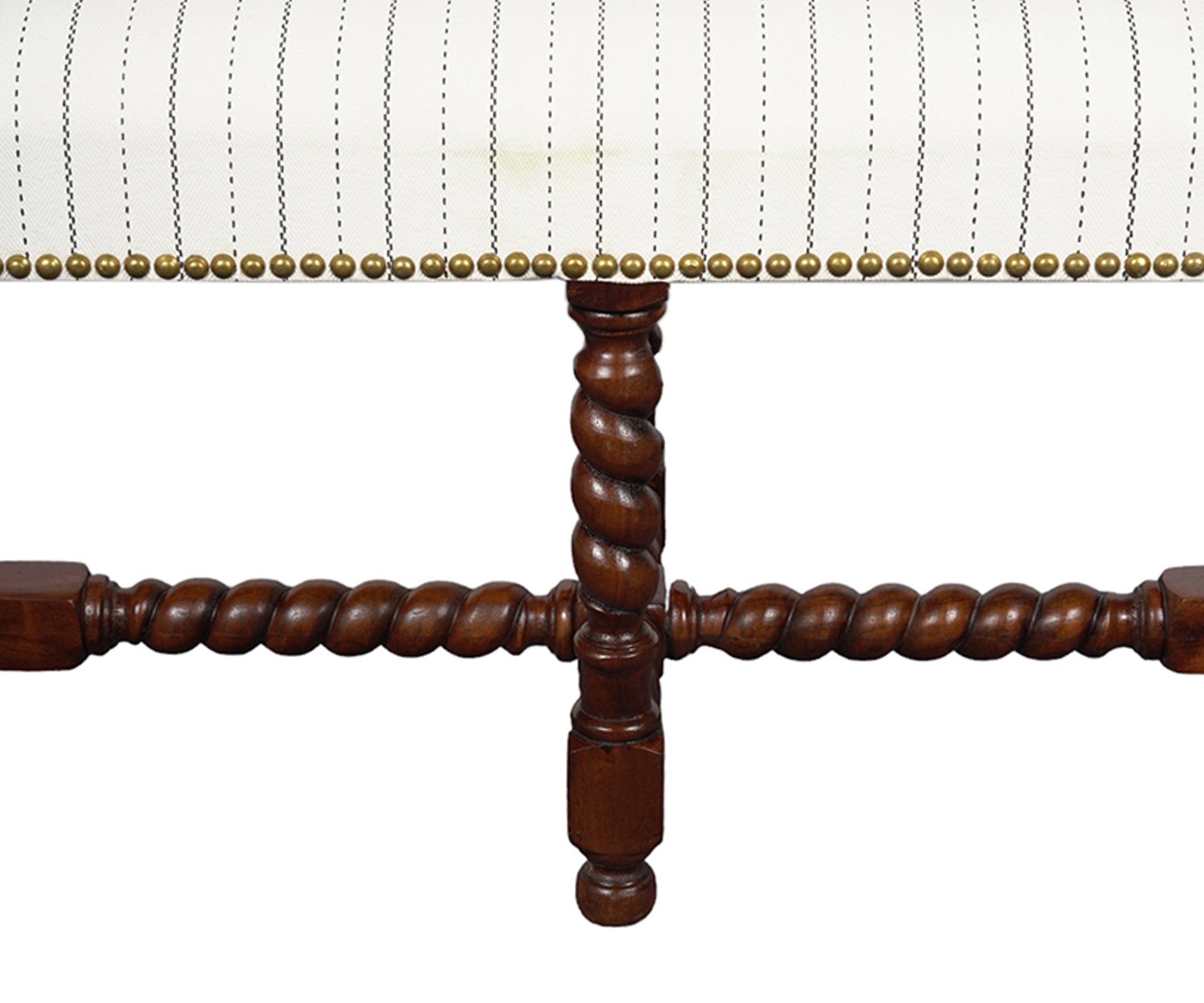 Barley Twist Wooden Bench with Striped Upholstered Seat and Brass Nail Studs