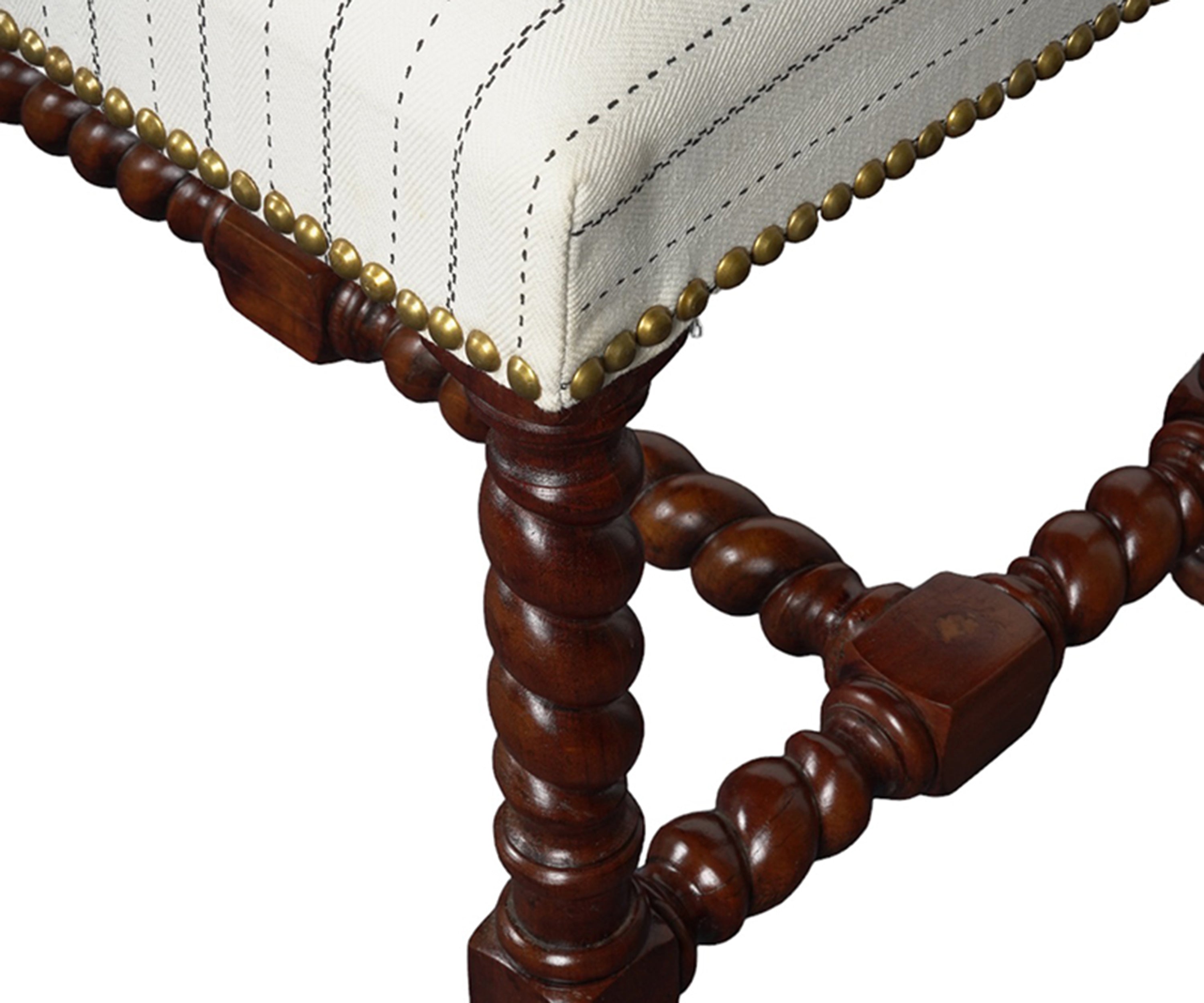 Barley Twist Wooden Bench with Striped Upholstered Seat and Brass Nail Studs