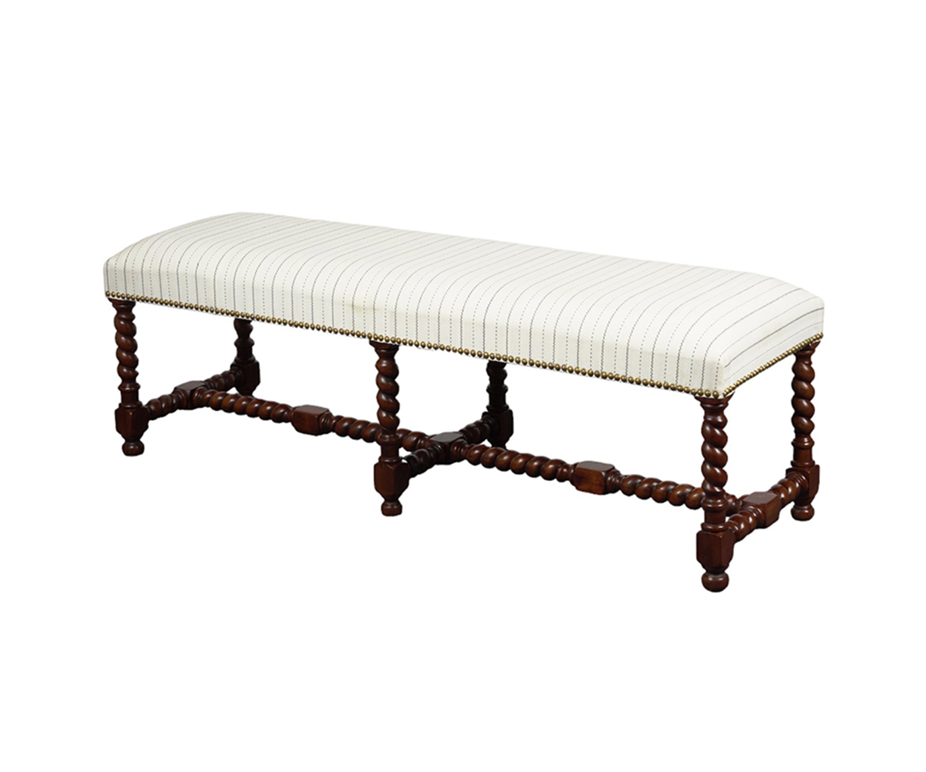 Barley Twist Wooden Bench with Striped Upholstered Seat and Brass Nail Studs