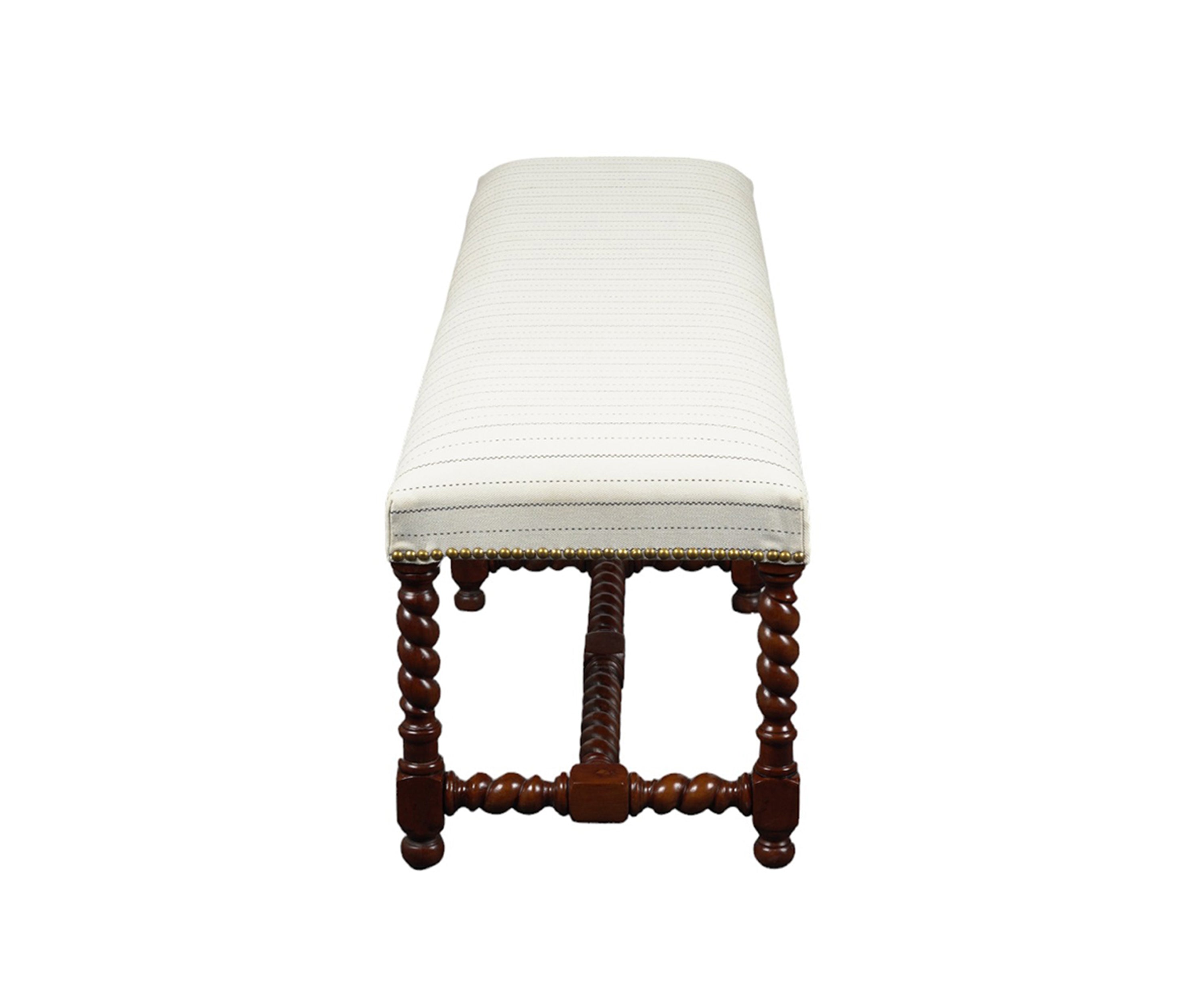 Barley Twist Wooden Bench with Striped Upholstered Seat and Brass Nail Studs