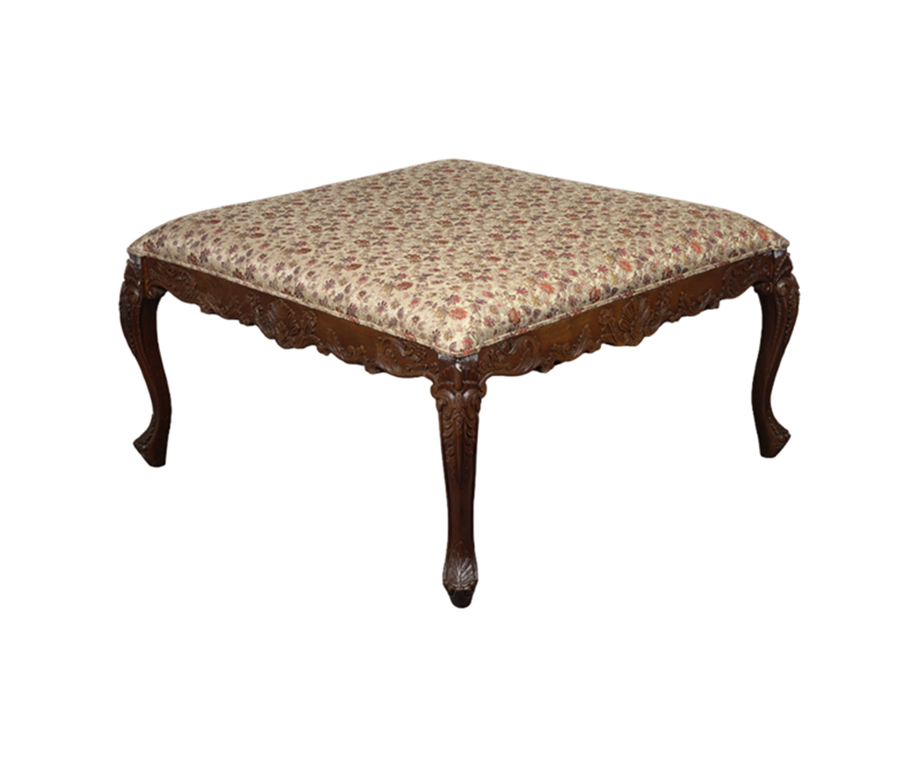 Floral Printed Ottoman with Carved Wooden Frame