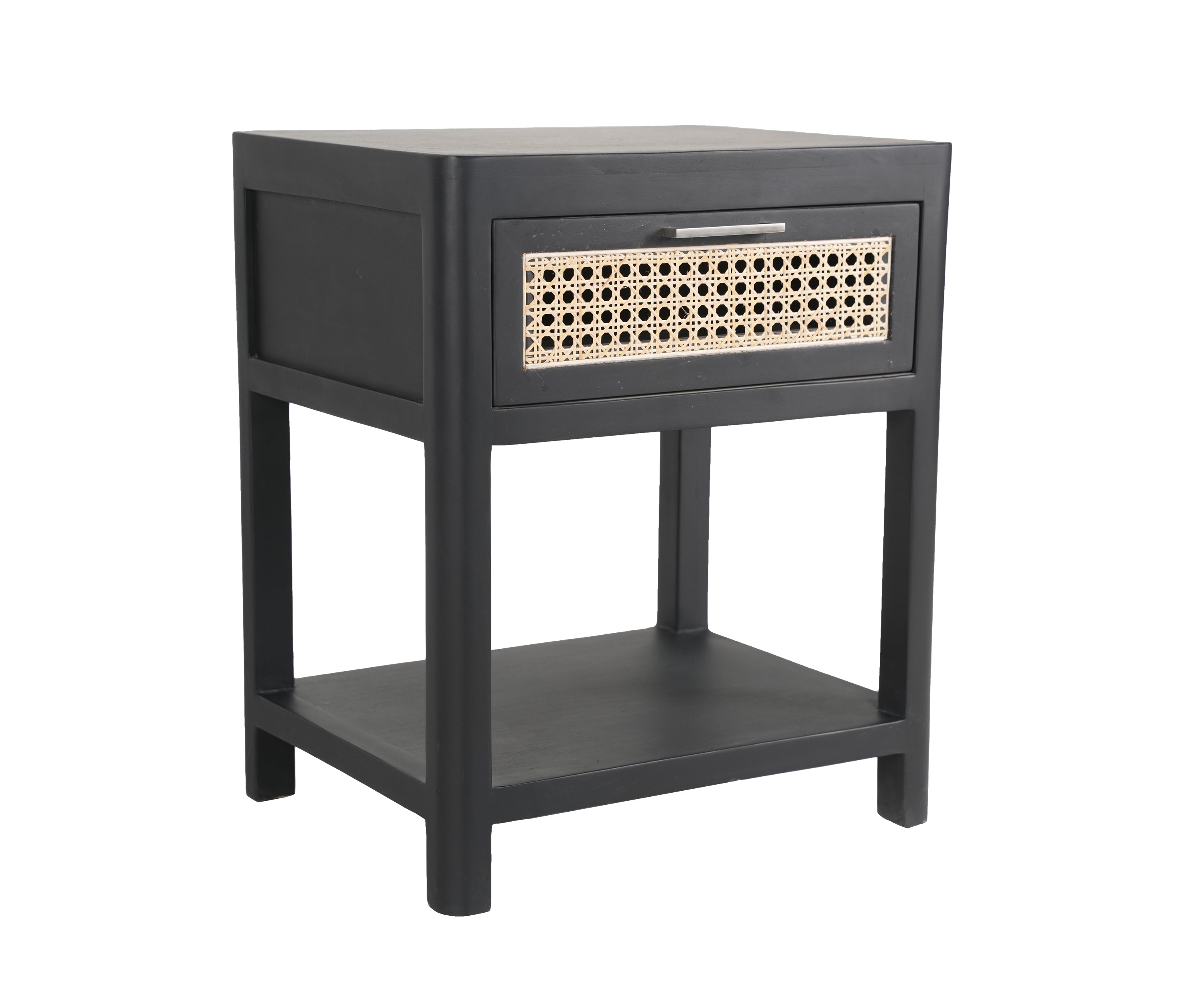 Black Bedside Table with Woven Drawer Detail