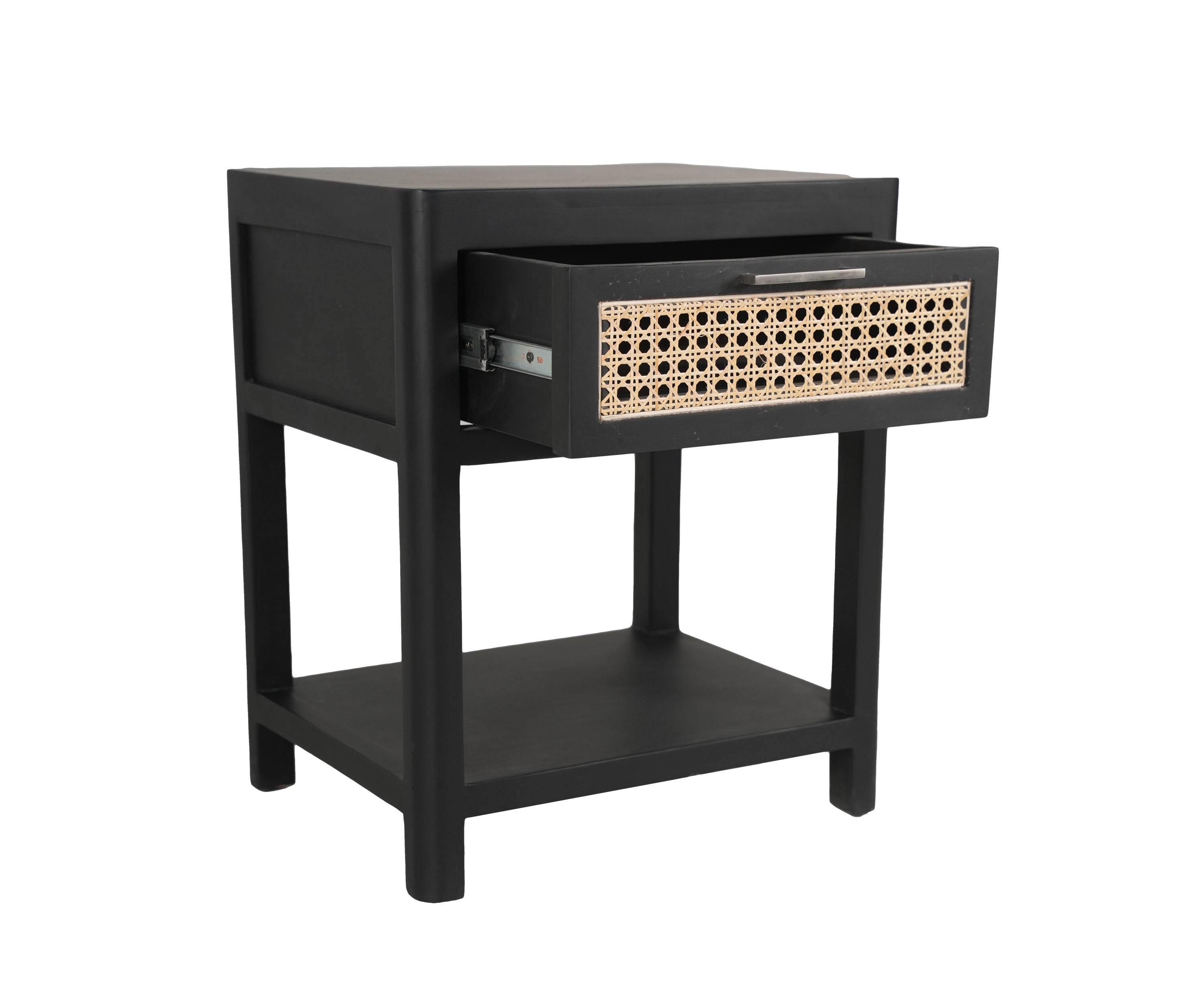 Black Bedside Table with Woven Drawer Detail