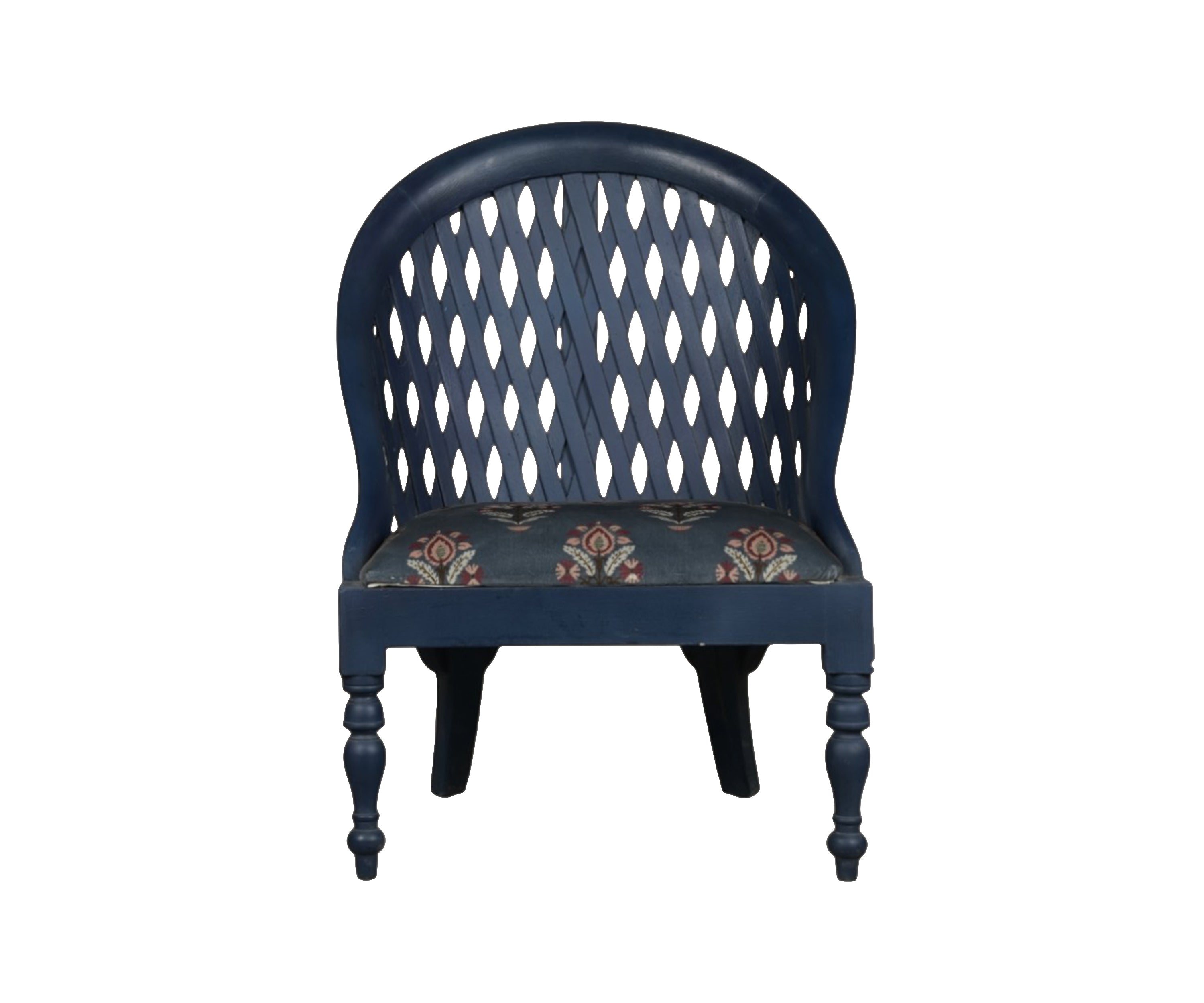 Blue Lattice Back Armchair with Patterned Upholstery