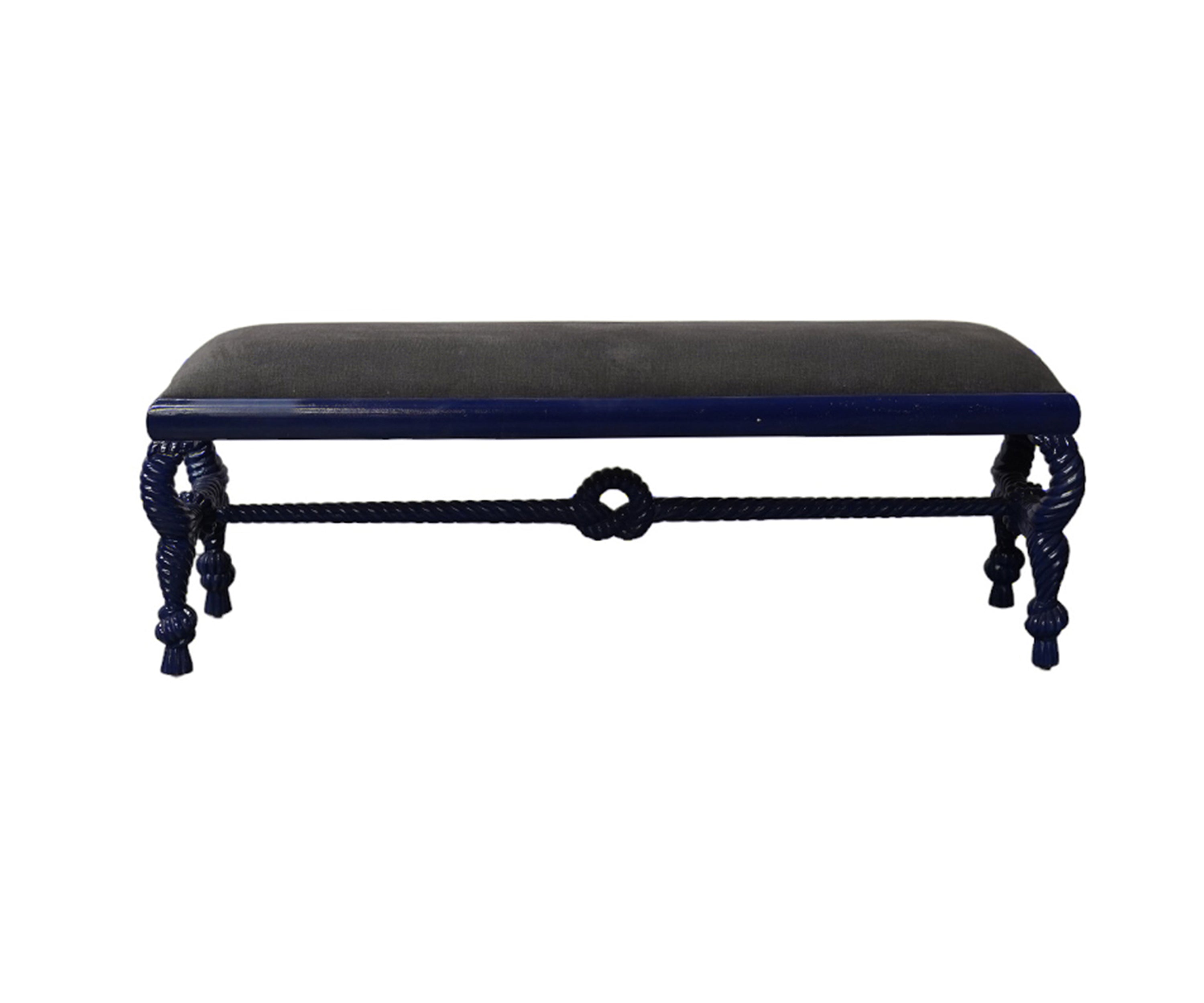 Blue Wood Upholstered Bench with Rope Style Stretcher Base
