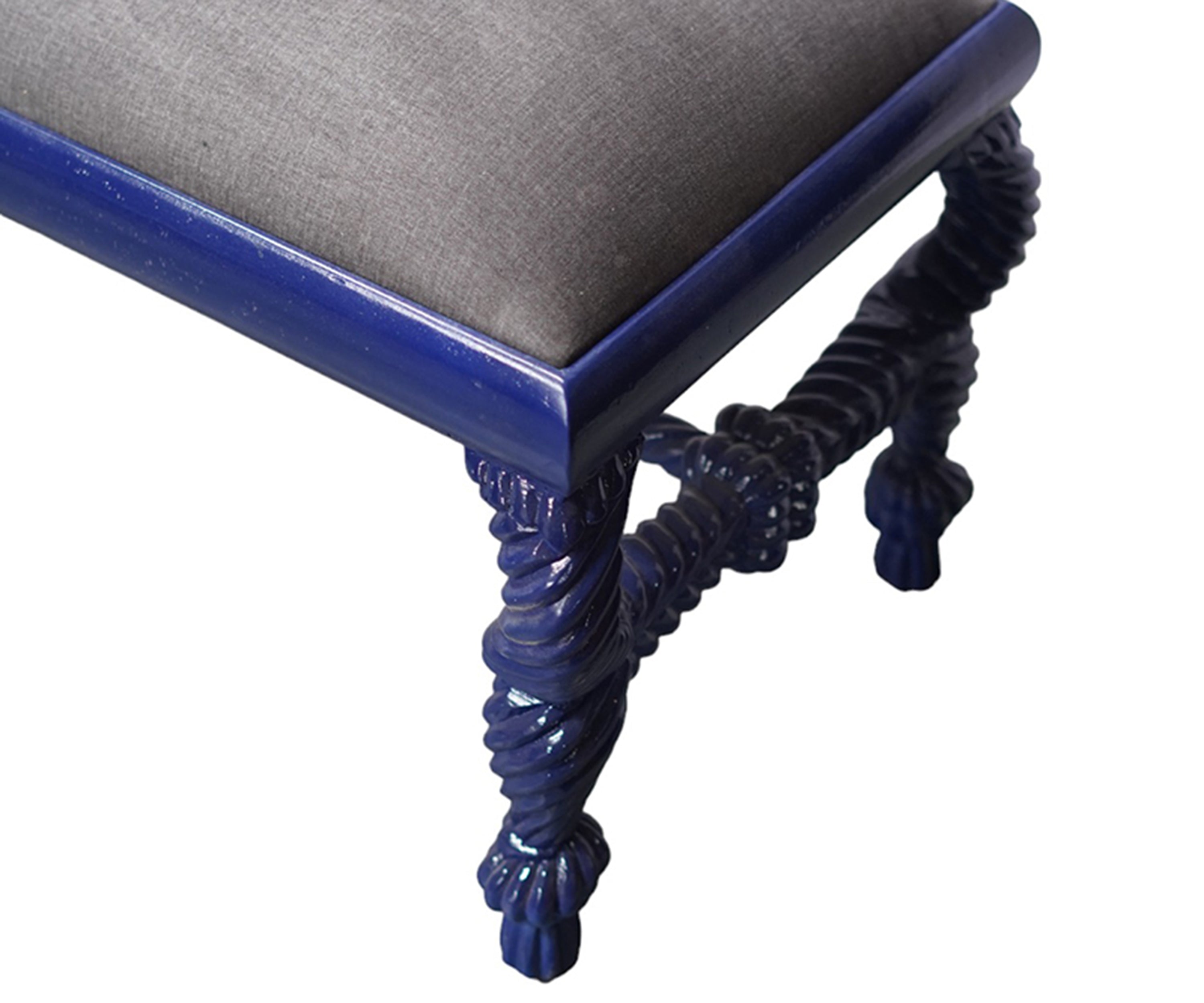 Blue Wood Upholstered Bench with Rope Style Stretcher Base