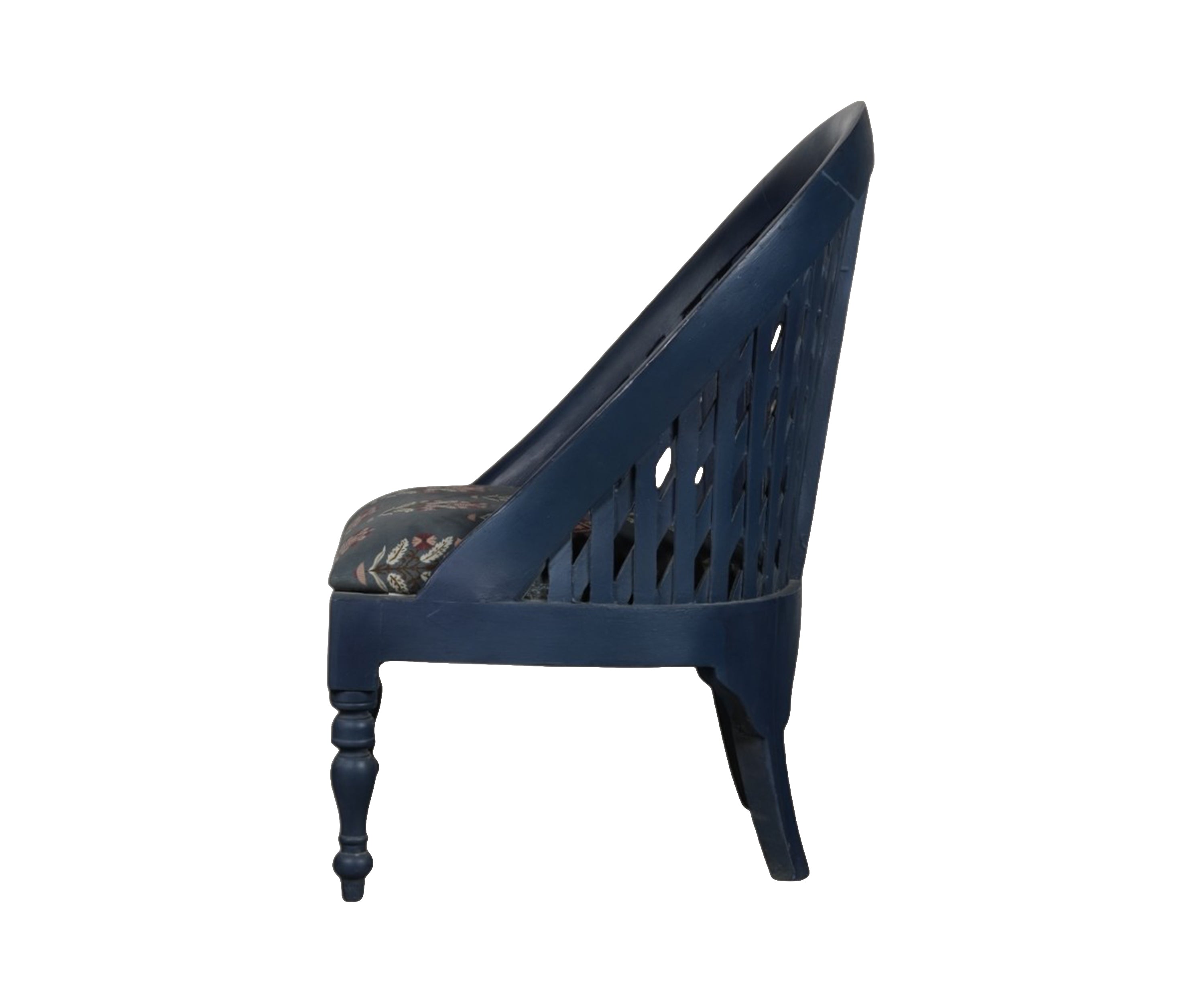 Blue Lattice Back Armchair with Patterned Upholstery