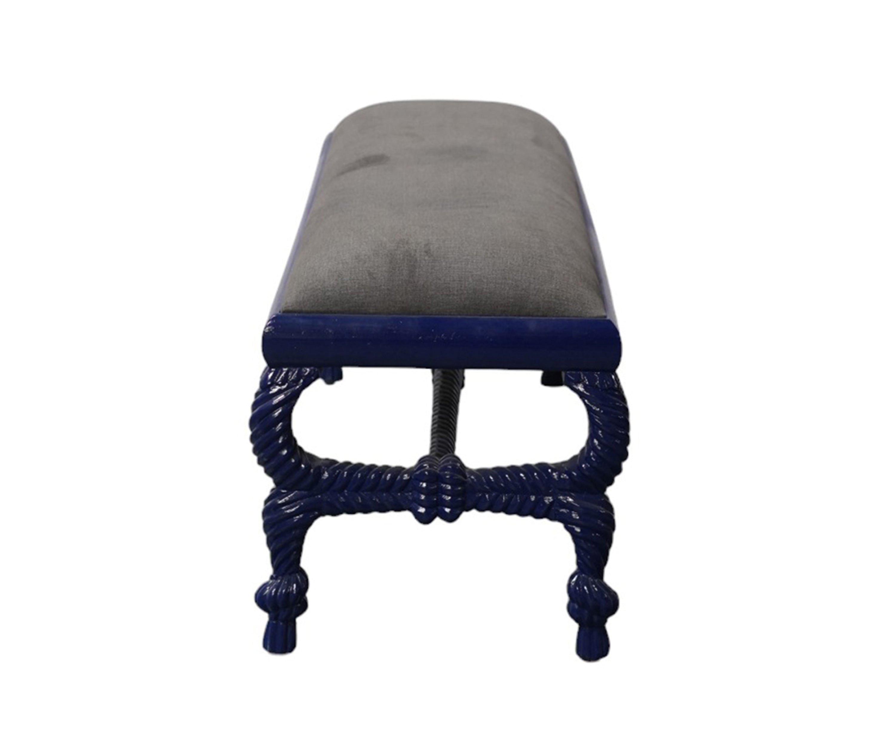 Blue Wood Upholstered Bench with Rope Style Stretcher Base
