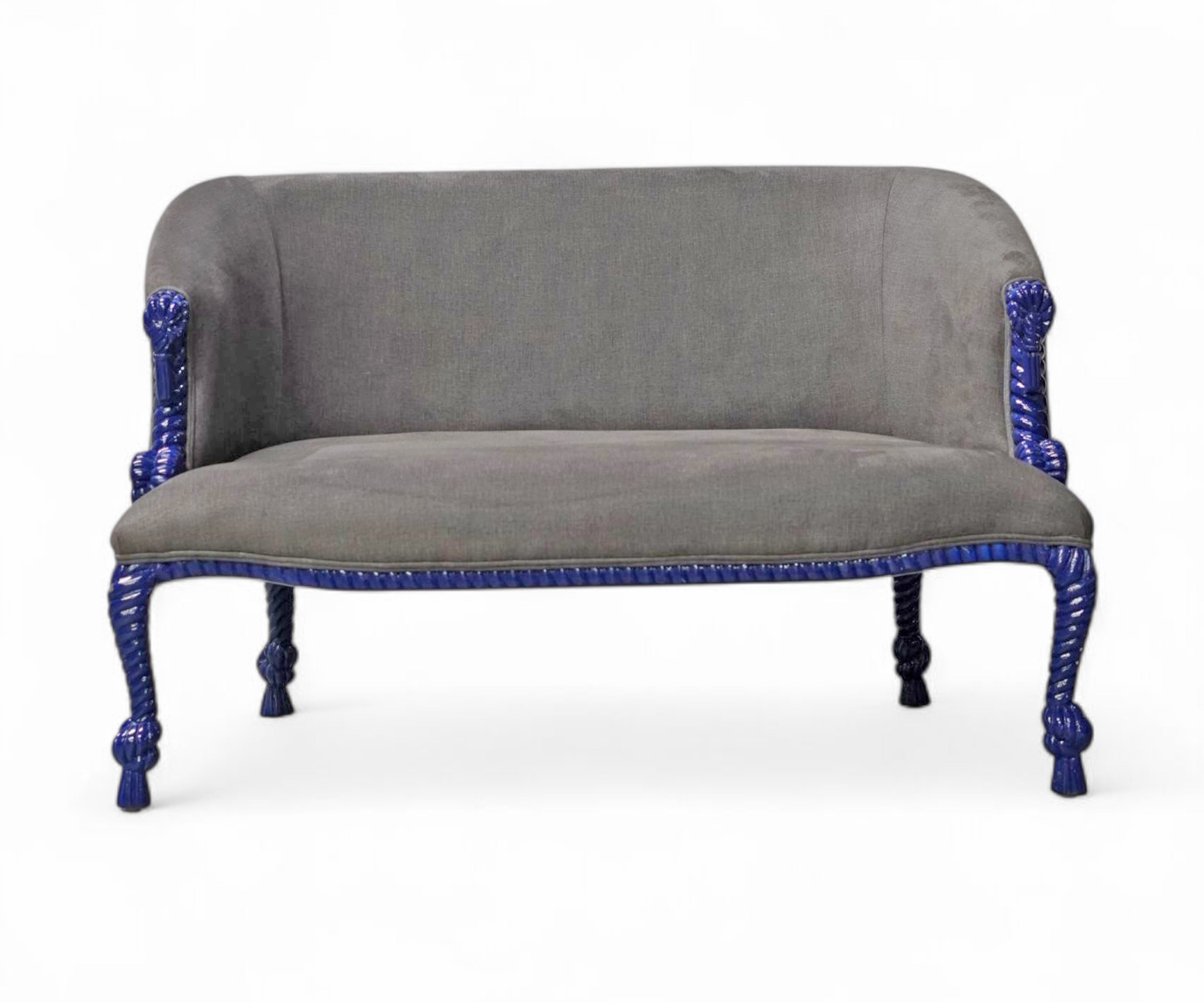Royal Blue Carved Velvet 2 Seater Sofa