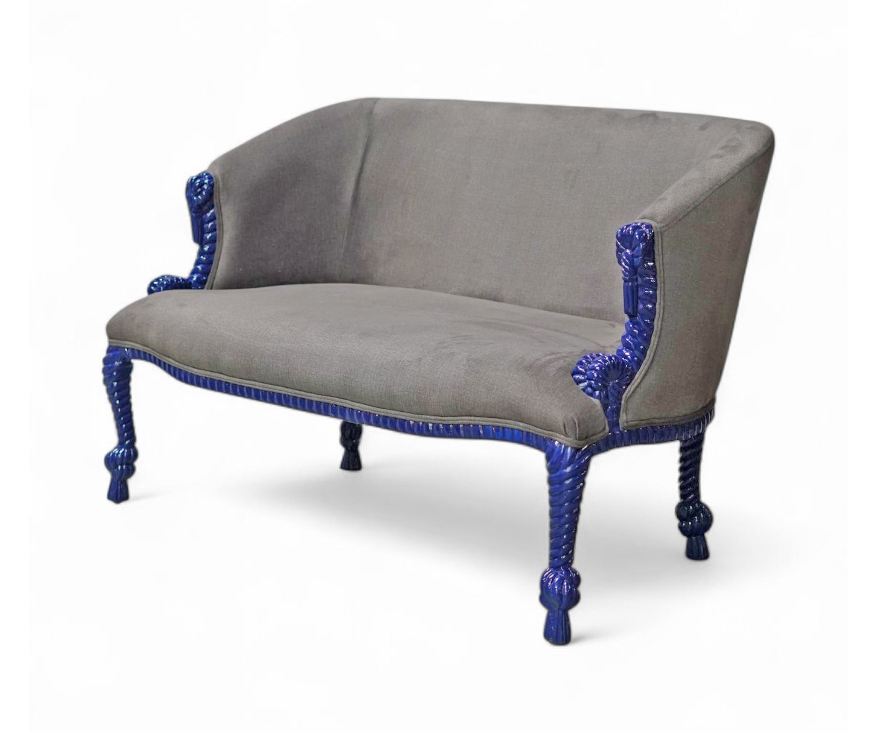 Royal Blue Carved Velvet 2 Seater Sofa