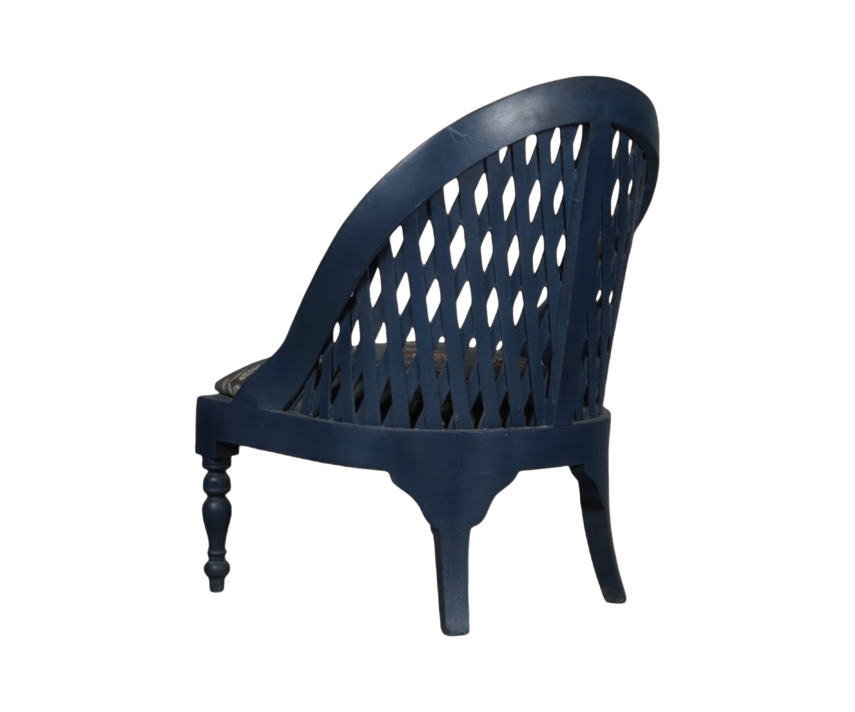 Blue Lattice Back Armchair with Patterned Upholstery