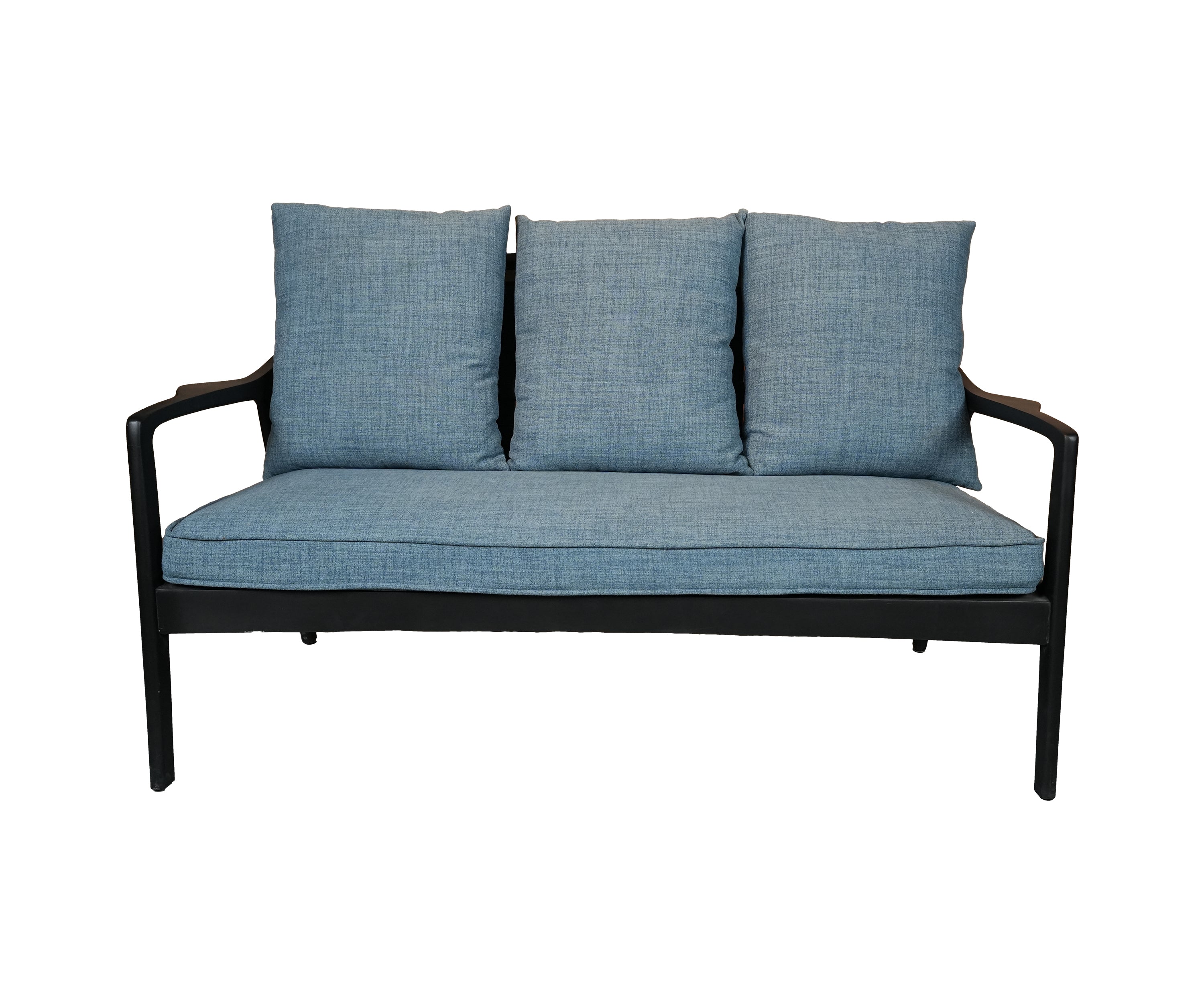 Mid-Century Textured Blue 3-Seater Sofa with Solid Wooden Frame