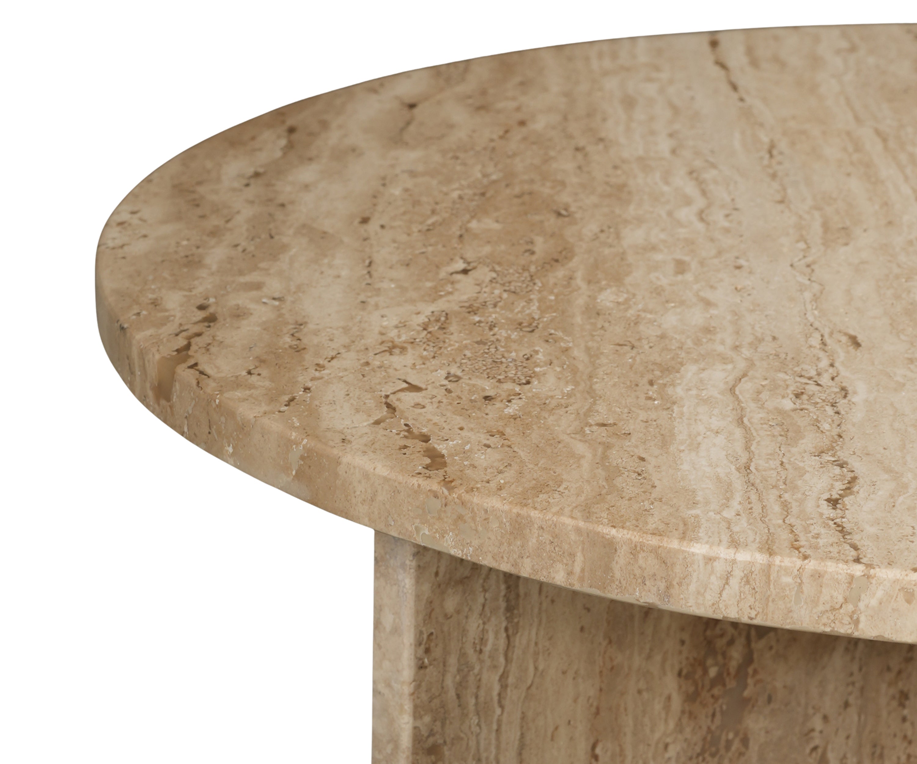 Round Travertine Stone Side Table with Sculptural Pedestal Base