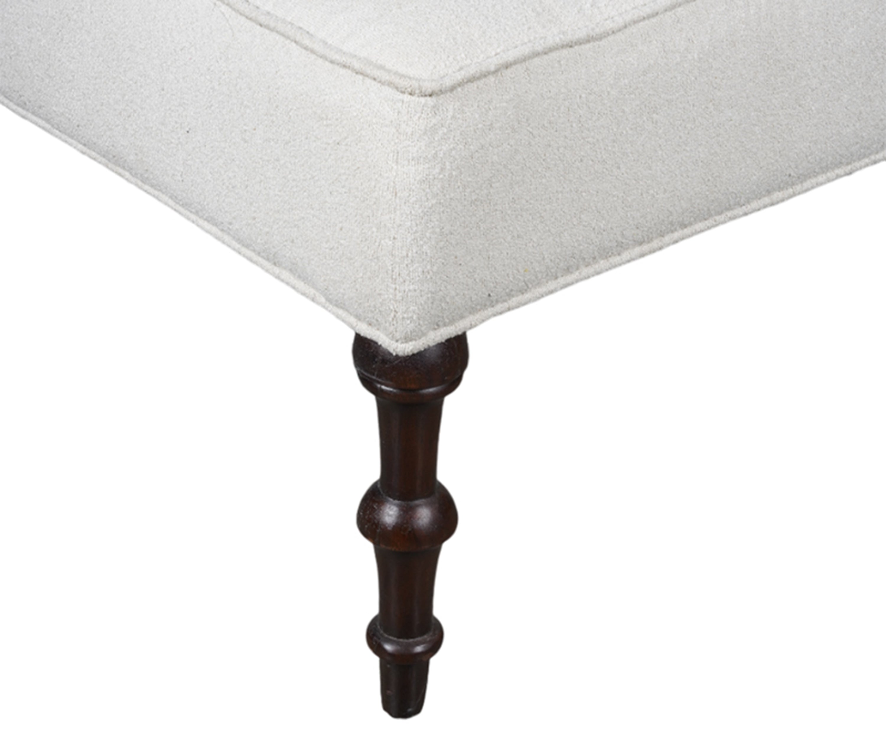 Ivory Boucle Upholstered Ottoman with Turned Wooden Legs