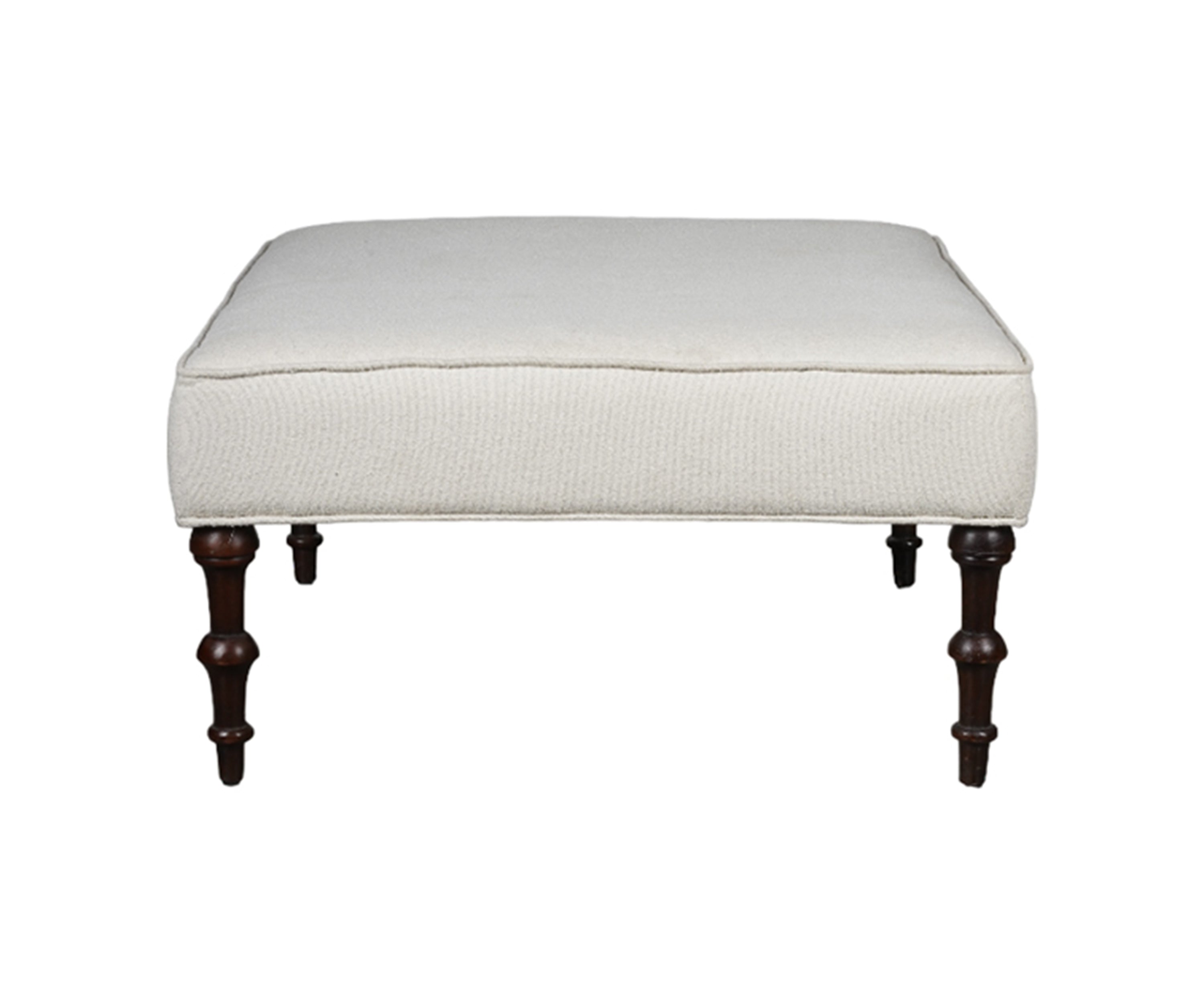 Ivory Boucle Upholstered Ottoman with Turned Wooden Legs