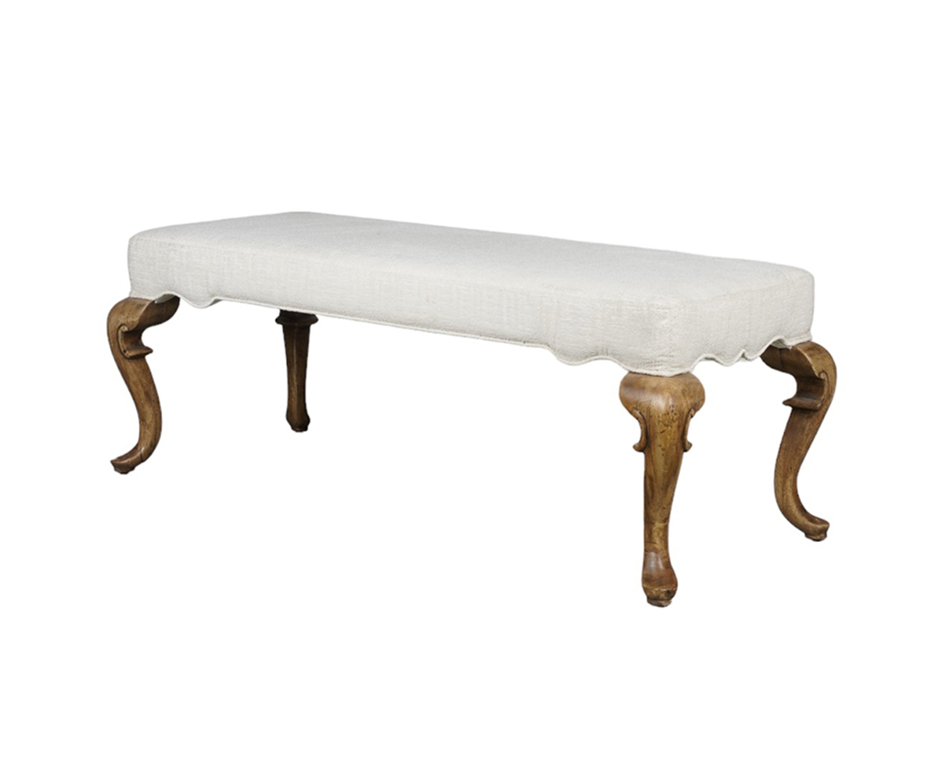 French Style Beige Upholstered Bench with Carved Solid Wood Legs