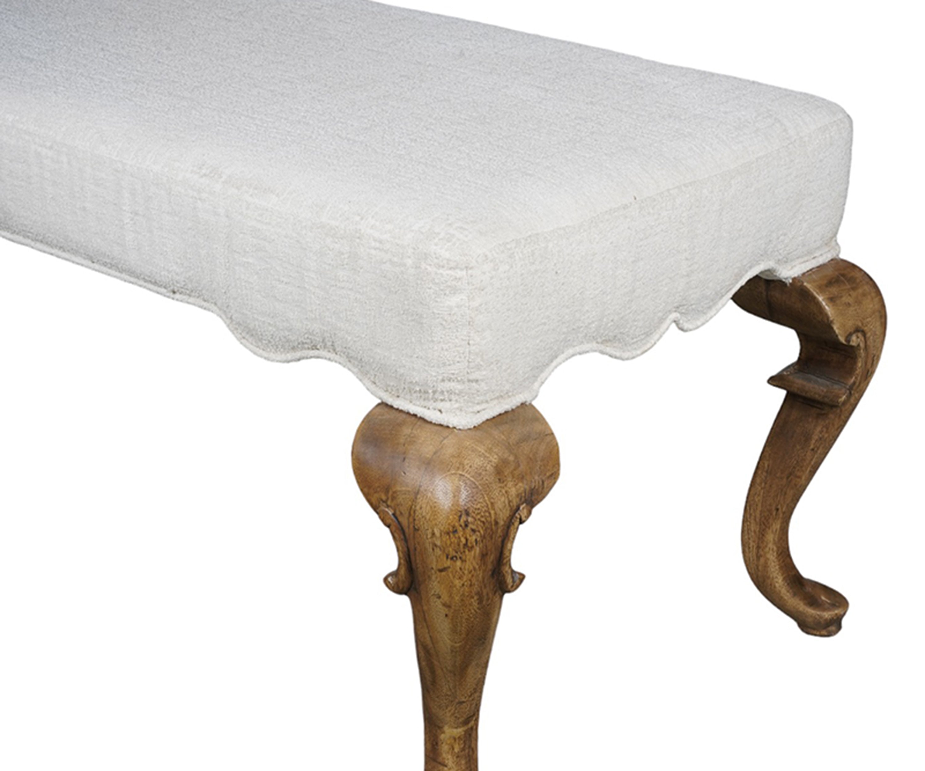 French Style Beige Upholstered Bench with Carved Solid Wood Legs