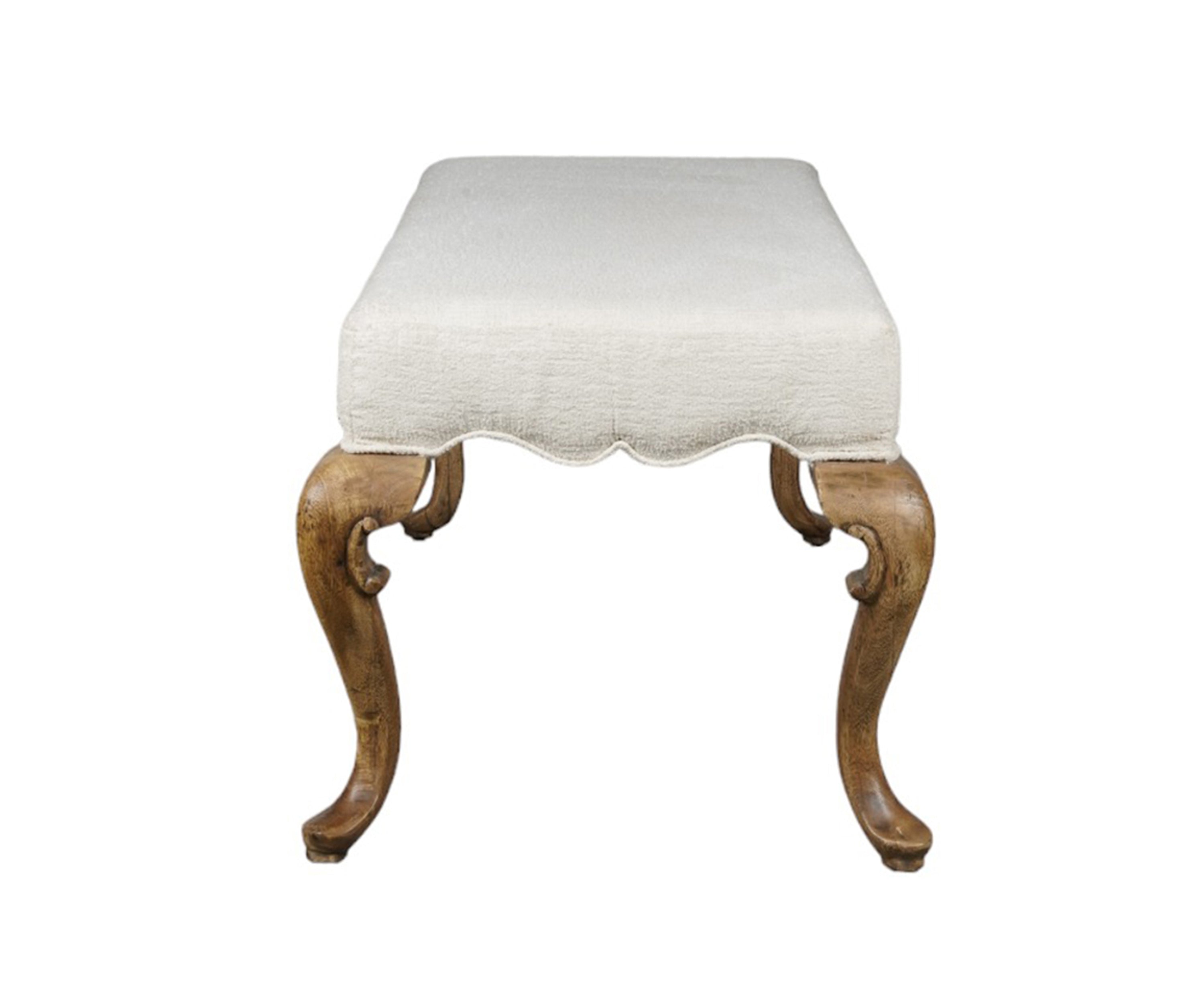 French Style Beige Upholstered Bench with Carved Solid Wood Legs