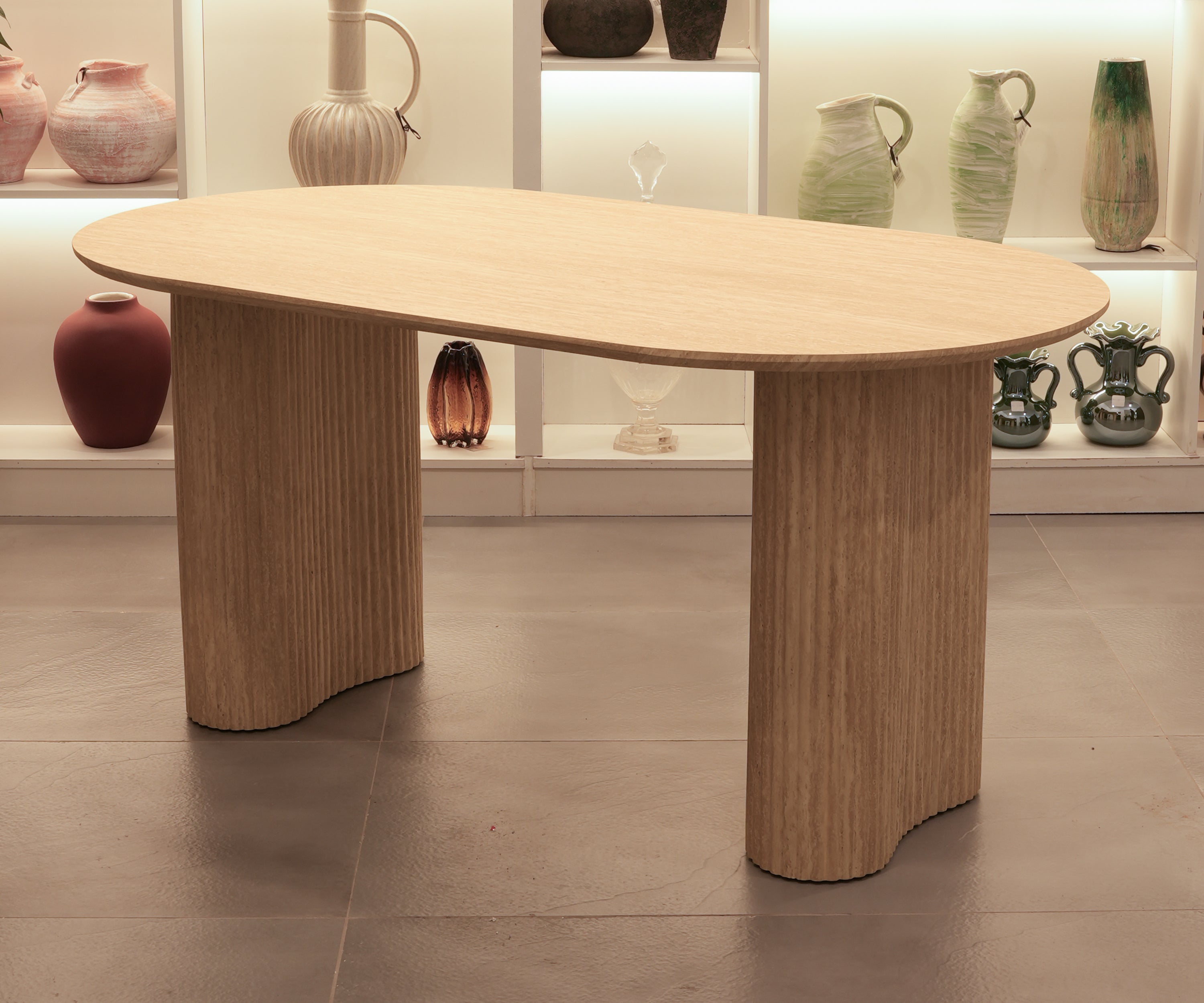 Light Wood Oval 6 Seater Dining Table with Fluted Base
