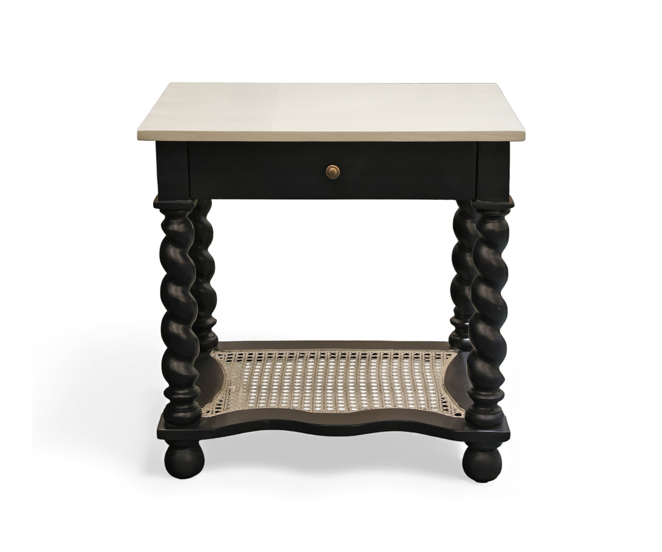 Black Barley Twist Cane Shelf Bed Side Table with Ivory Top