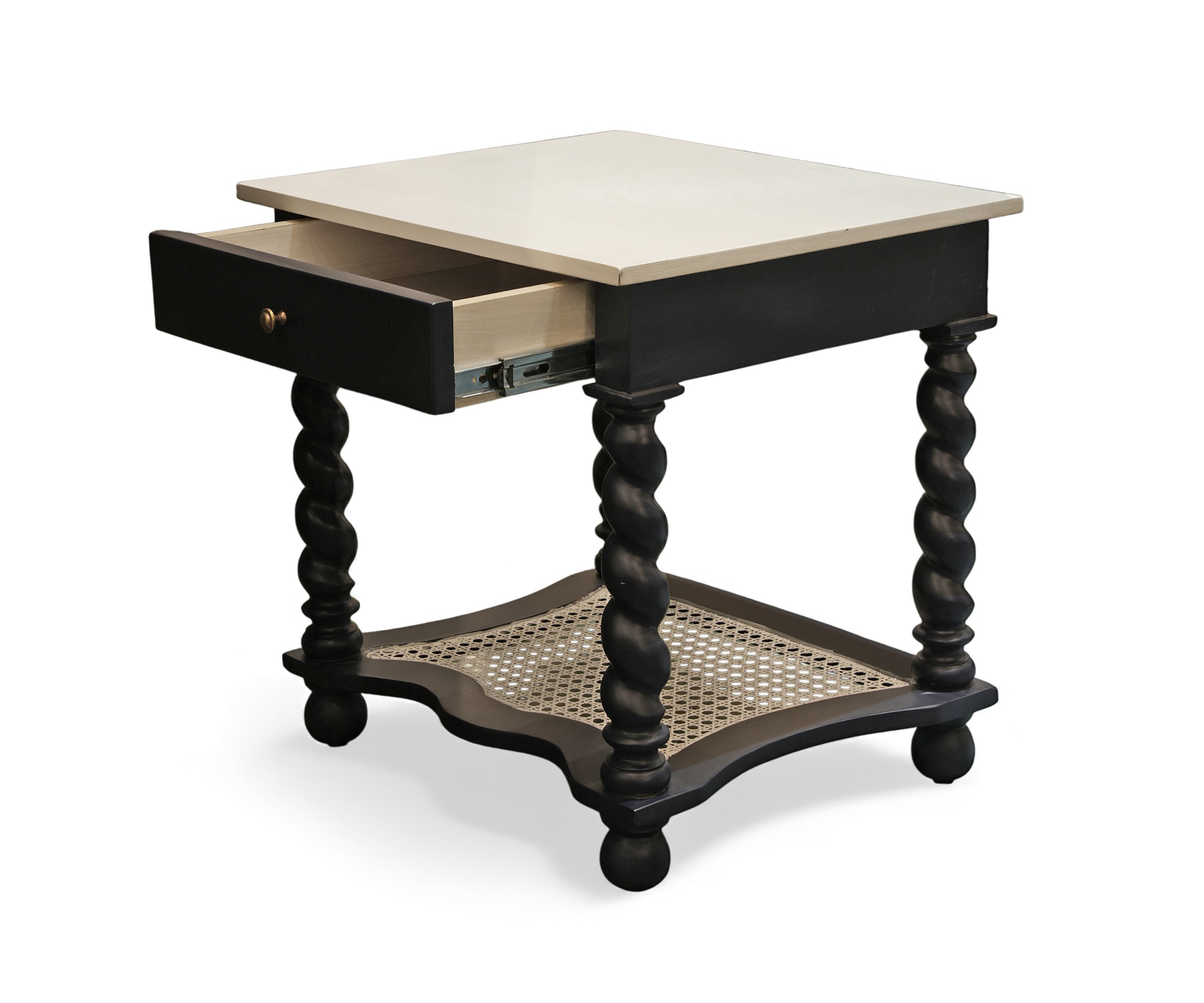 Black Barley Twist Cane Shelf Bed Side Table with Ivory Top
