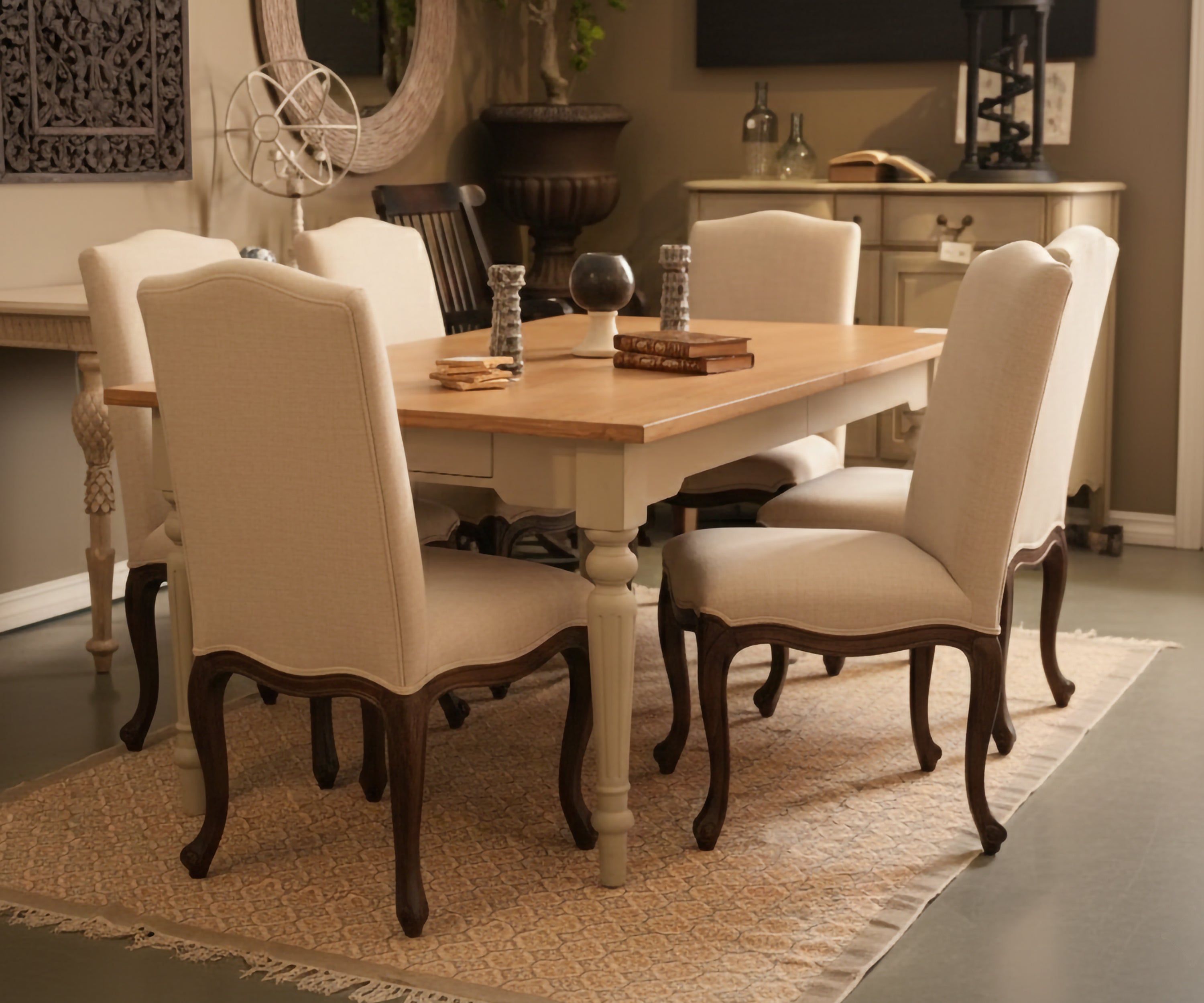 Beige French Cabriole High-Back Dining Chair with Dark Wood Frame