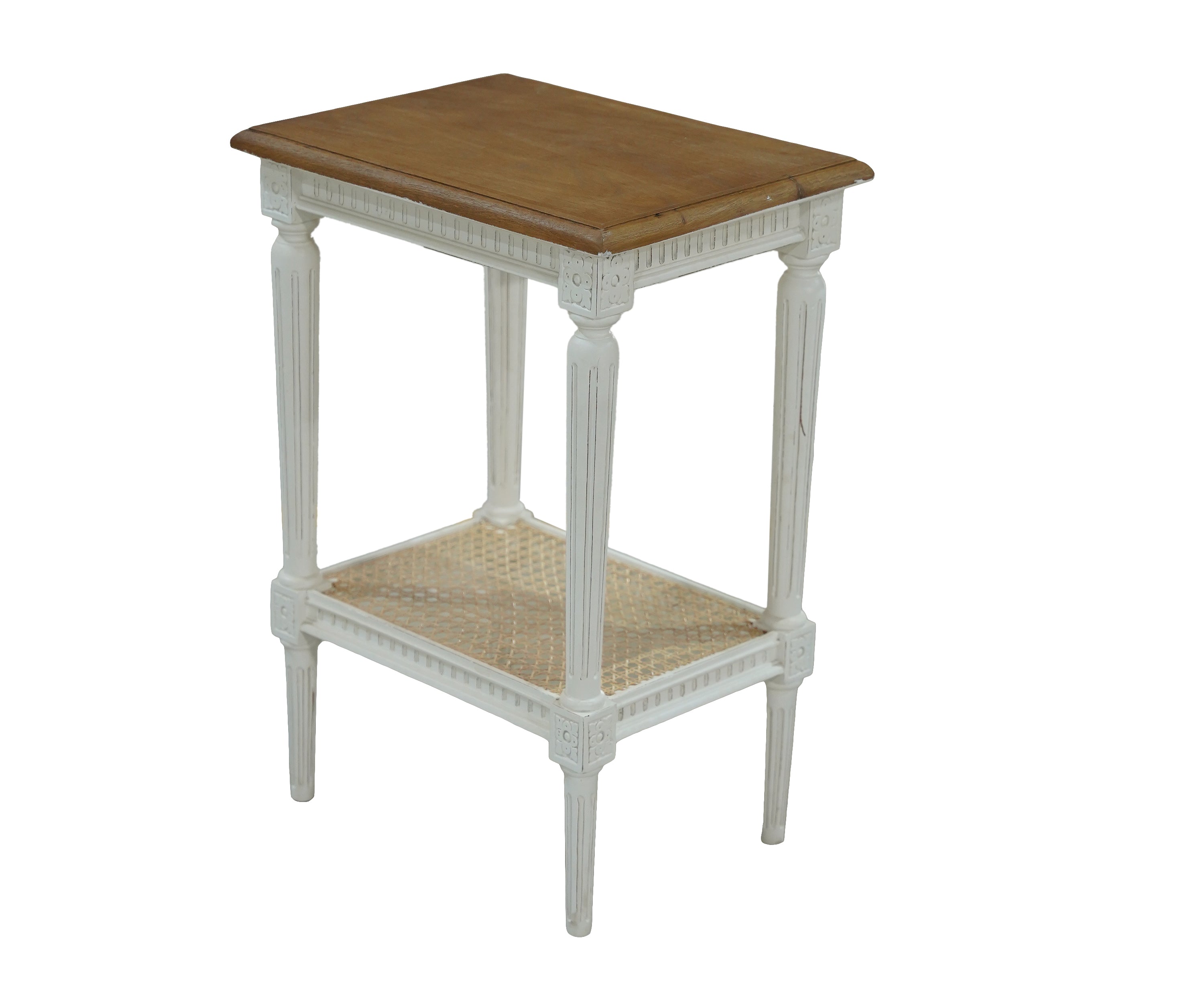 Gustavian Side Table with Rattan Shelf in Soft Grey Finish