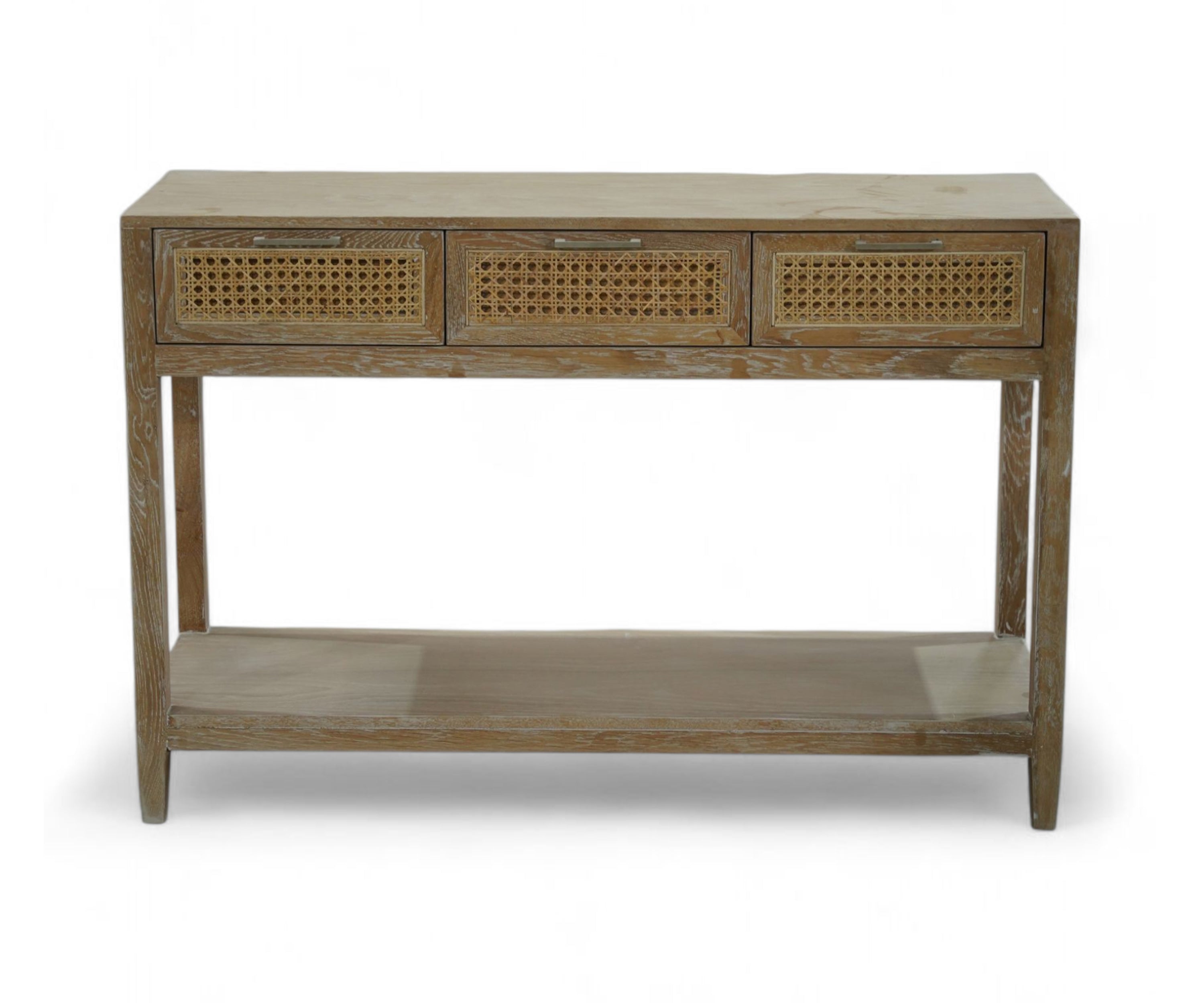 Distressed Oak Wood Console Table with Cane Drawers and Lower Shelf