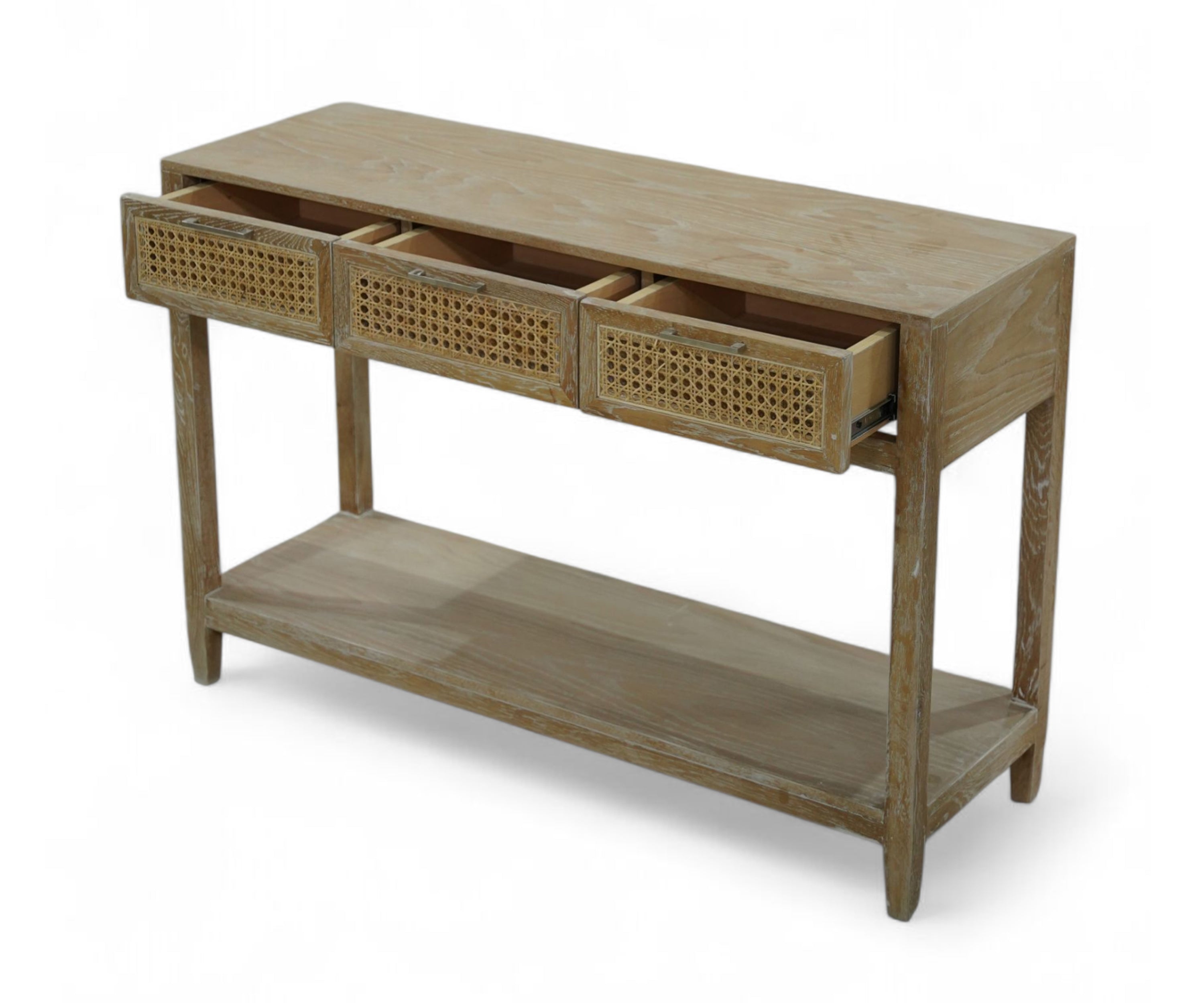 Distressed Oak Wood Console Table with Cane Drawers and Lower Shelf