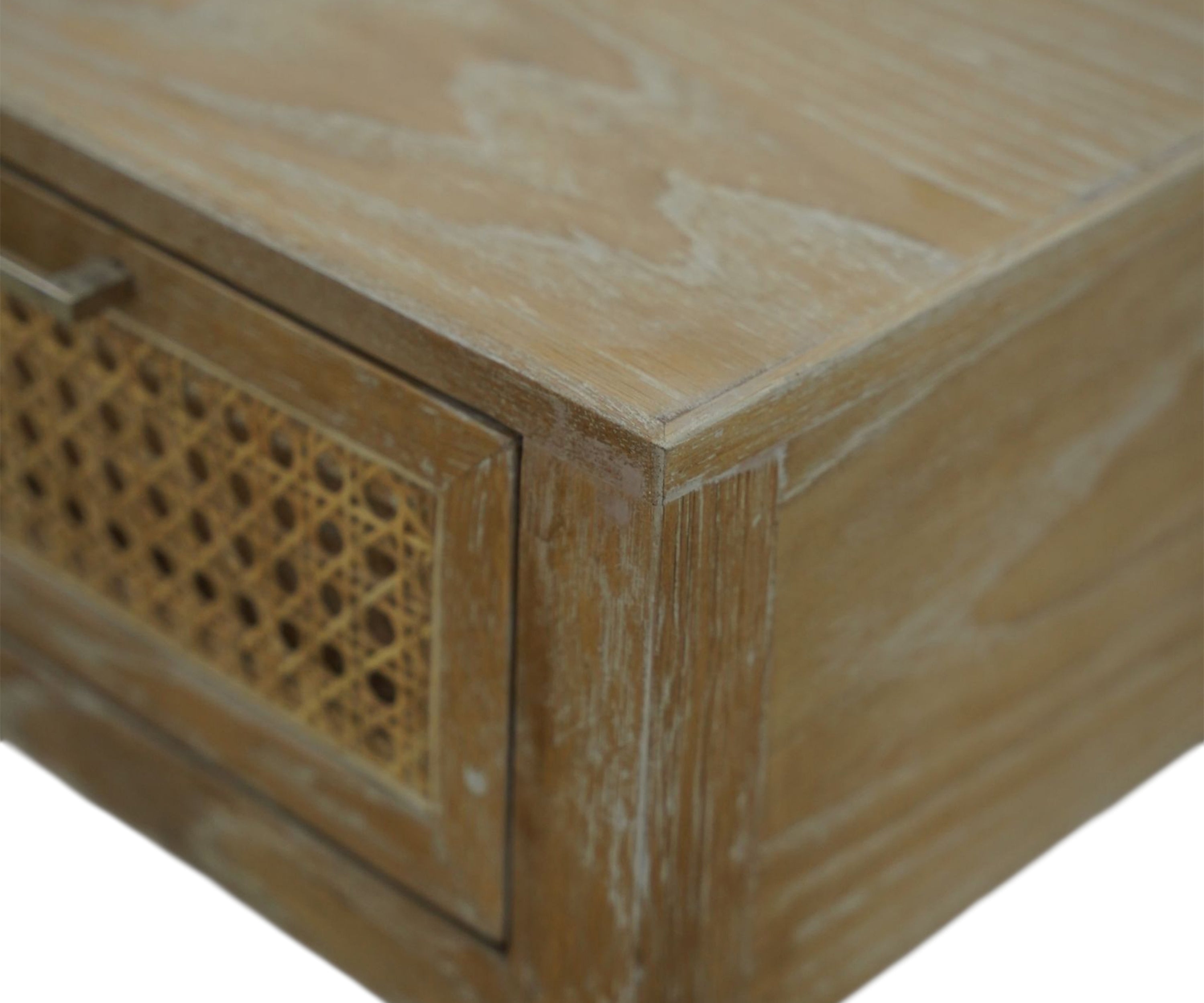 Distressed Oak Wood Console Table with Cane Drawers and Lower Shelf