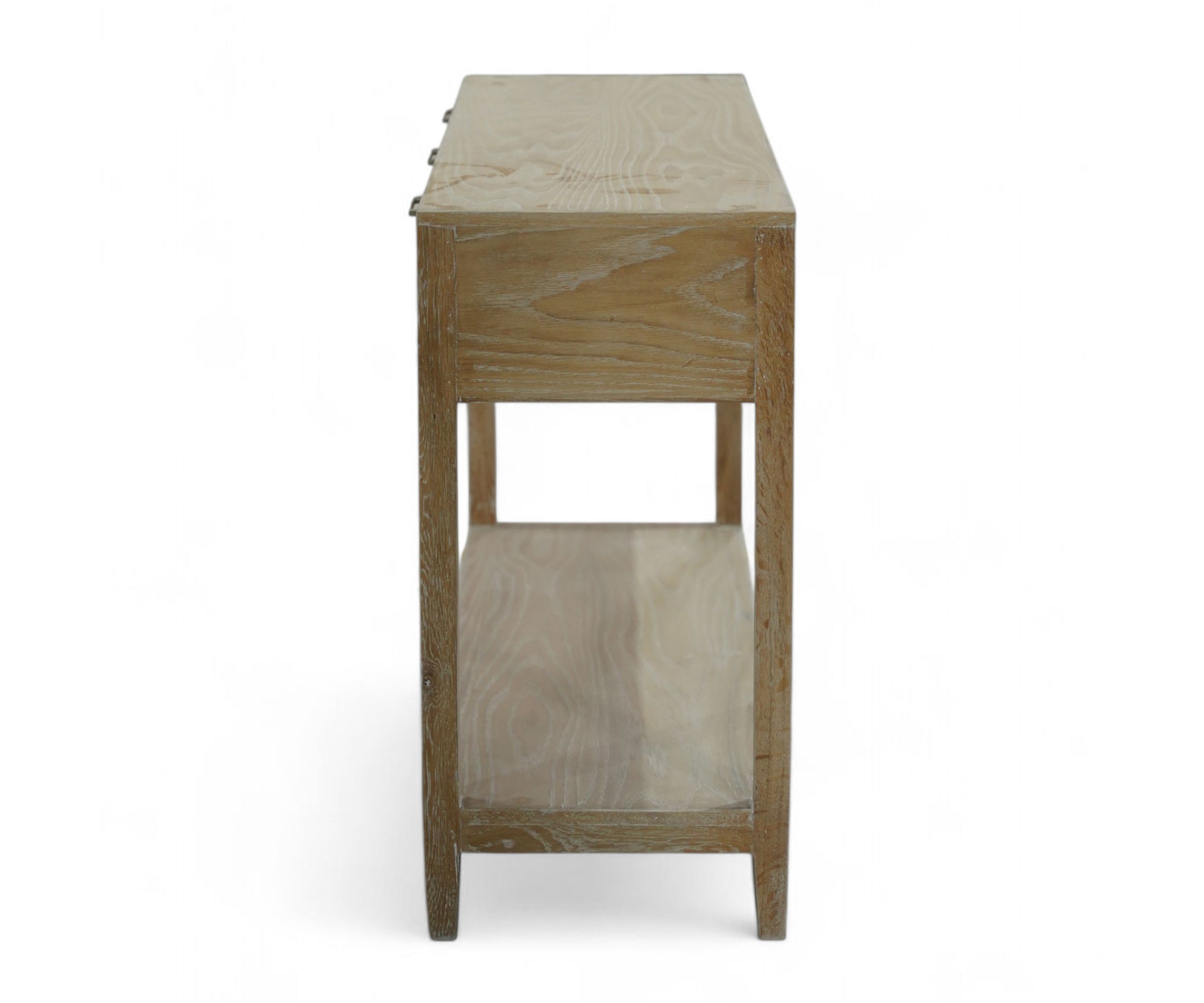 Distressed Oak Wood Console Table with Cane Drawers and Lower Shelf