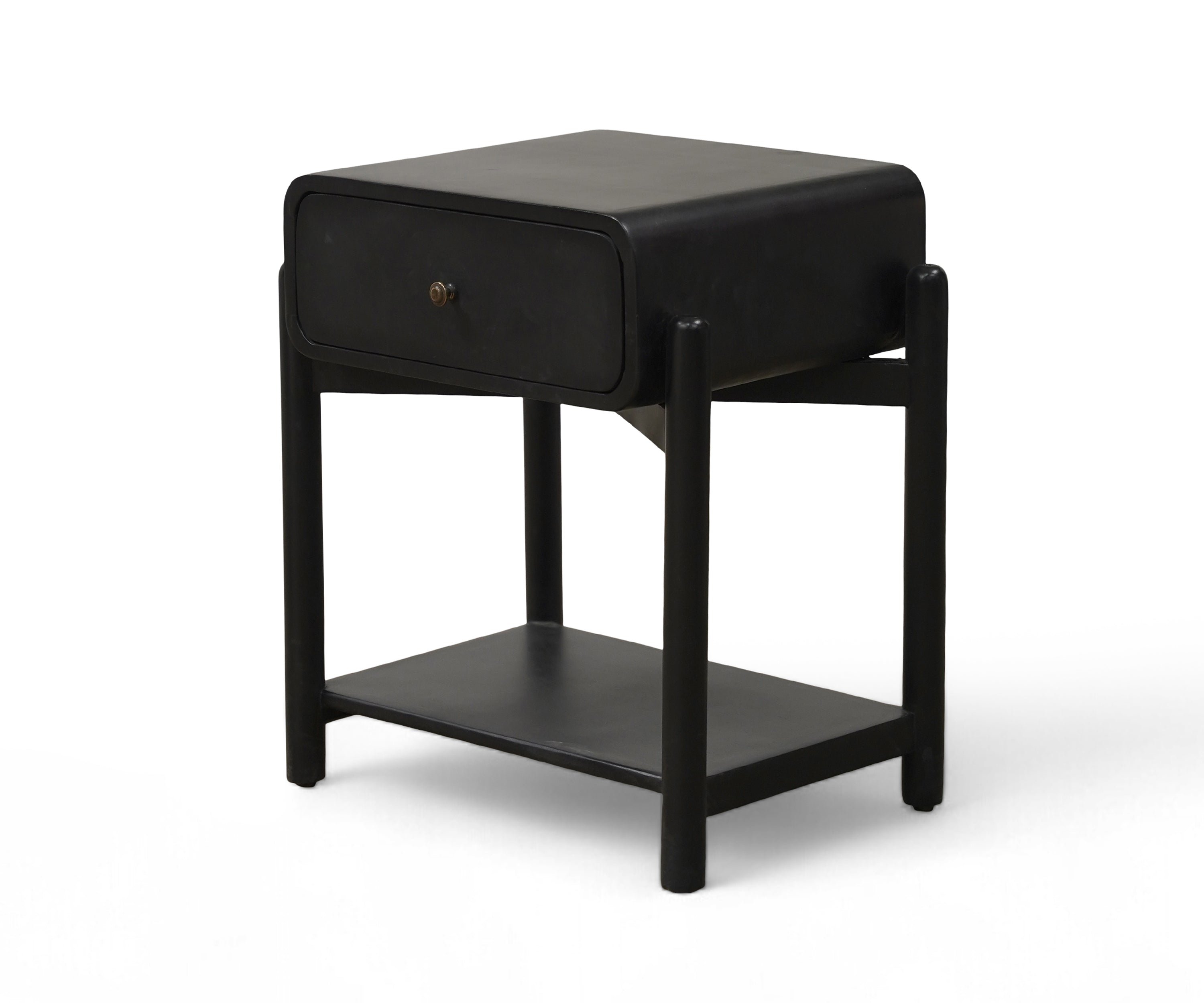 Black Curved Edge Bed Side Table with Drawer and Open Shelf