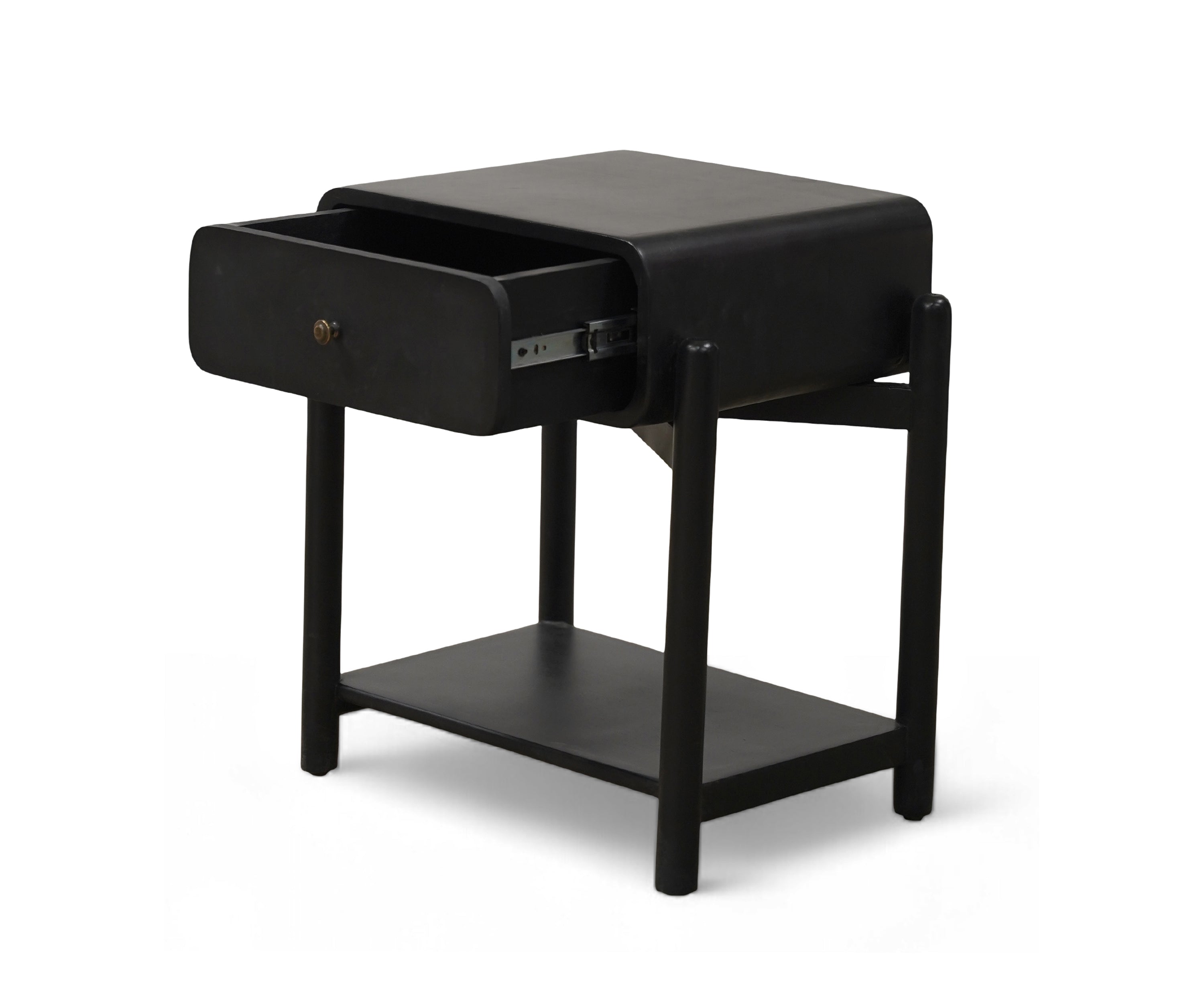 Black Curved Edge Bed Side Table with Drawer and Open Shelf