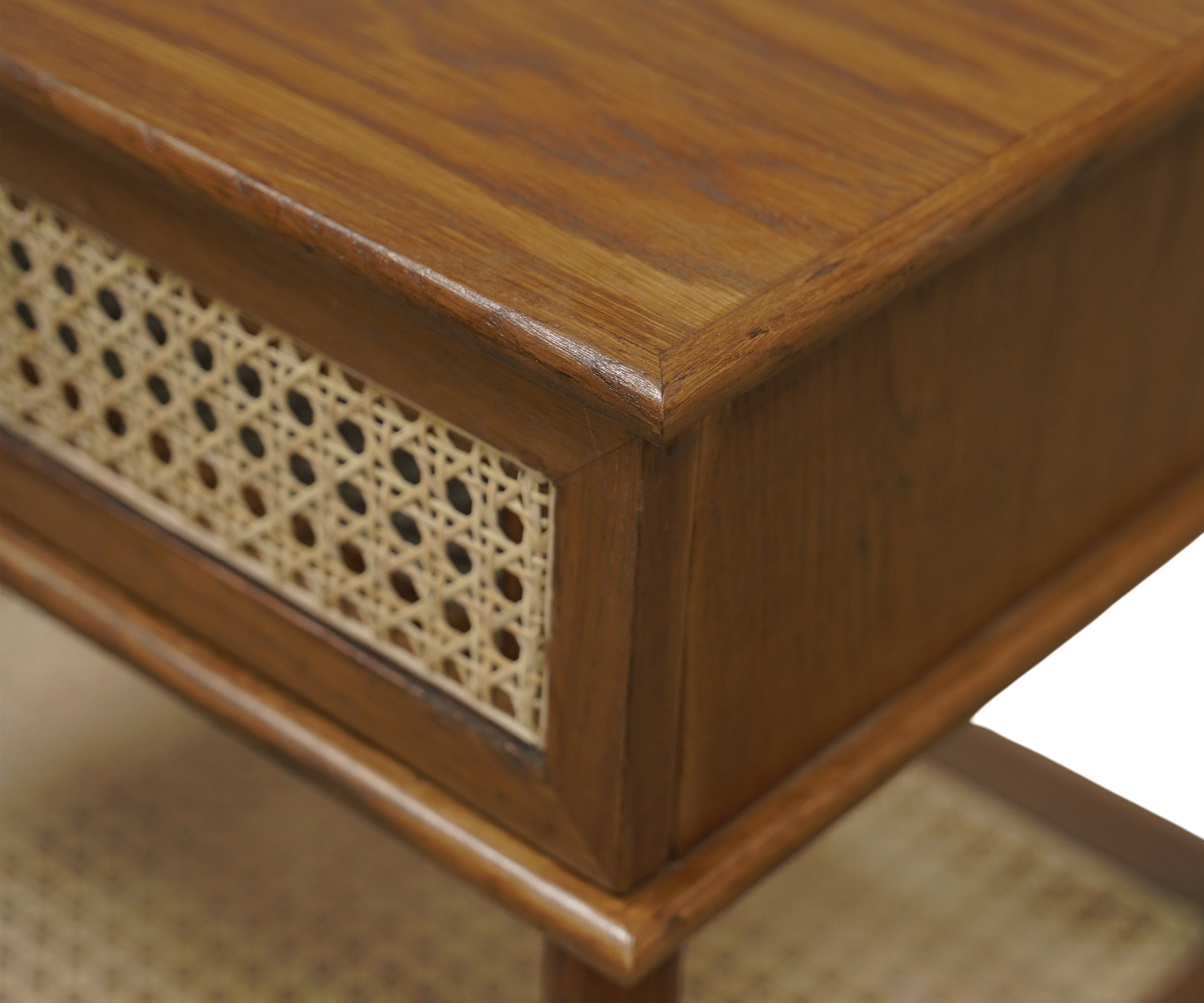 Walnut Cane Drawer Bed Side Table with Lower Shelf