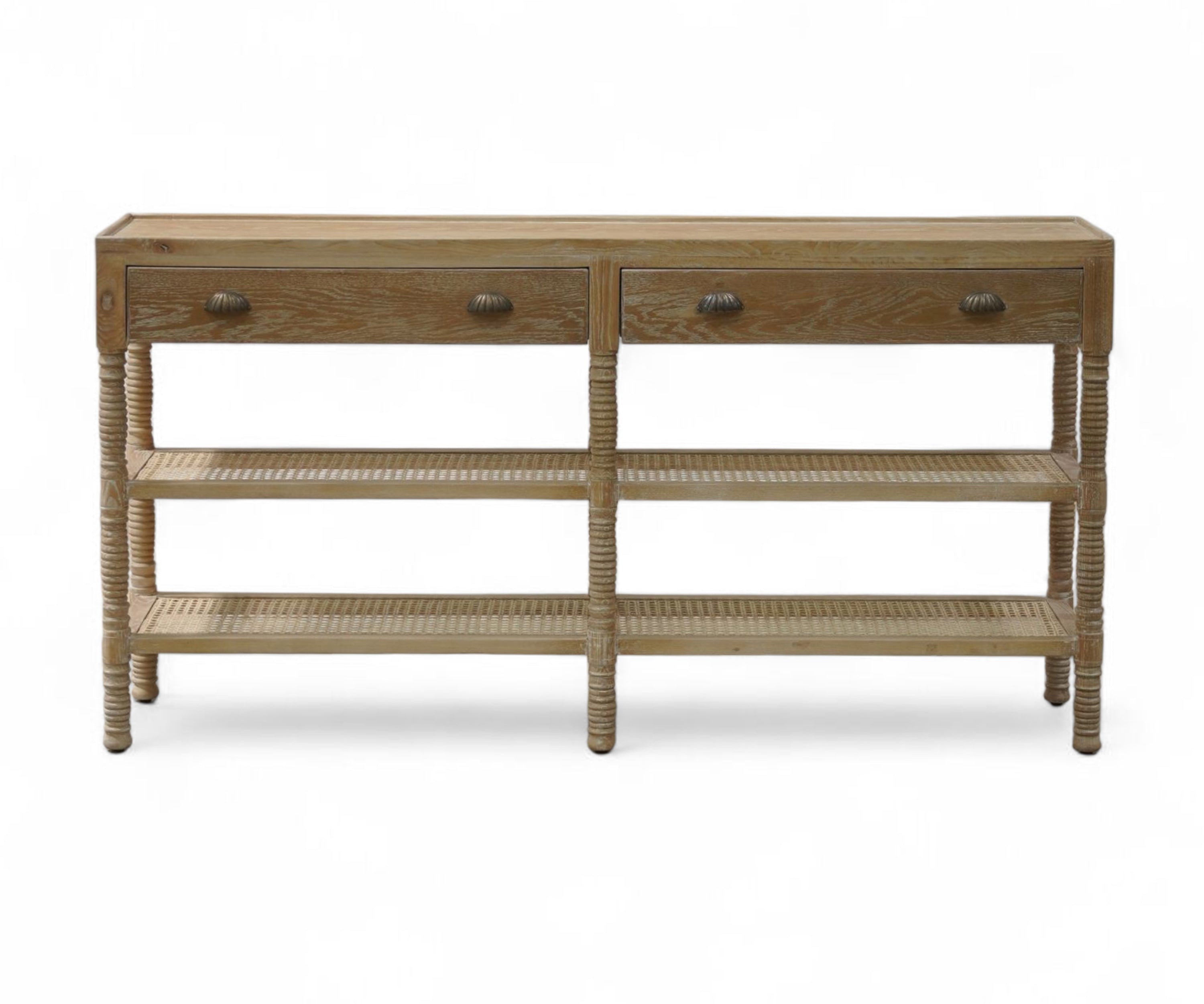 Vintage Style Console Table with Cane Shelves and Drawer Storage