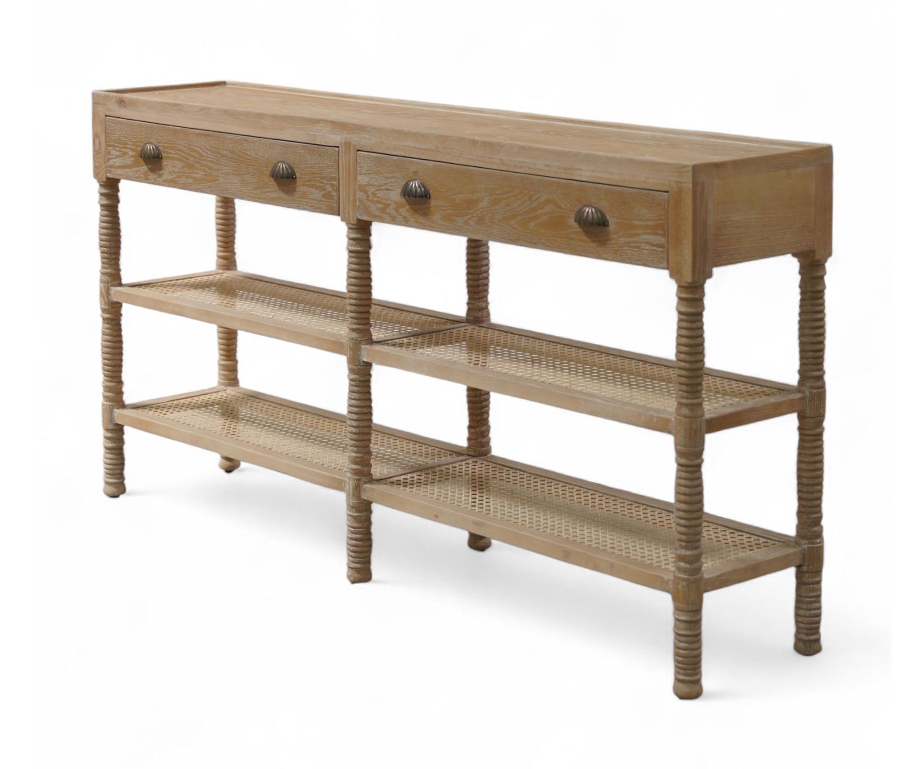 Vintage Style Console Table with Cane Shelves and Drawer Storage