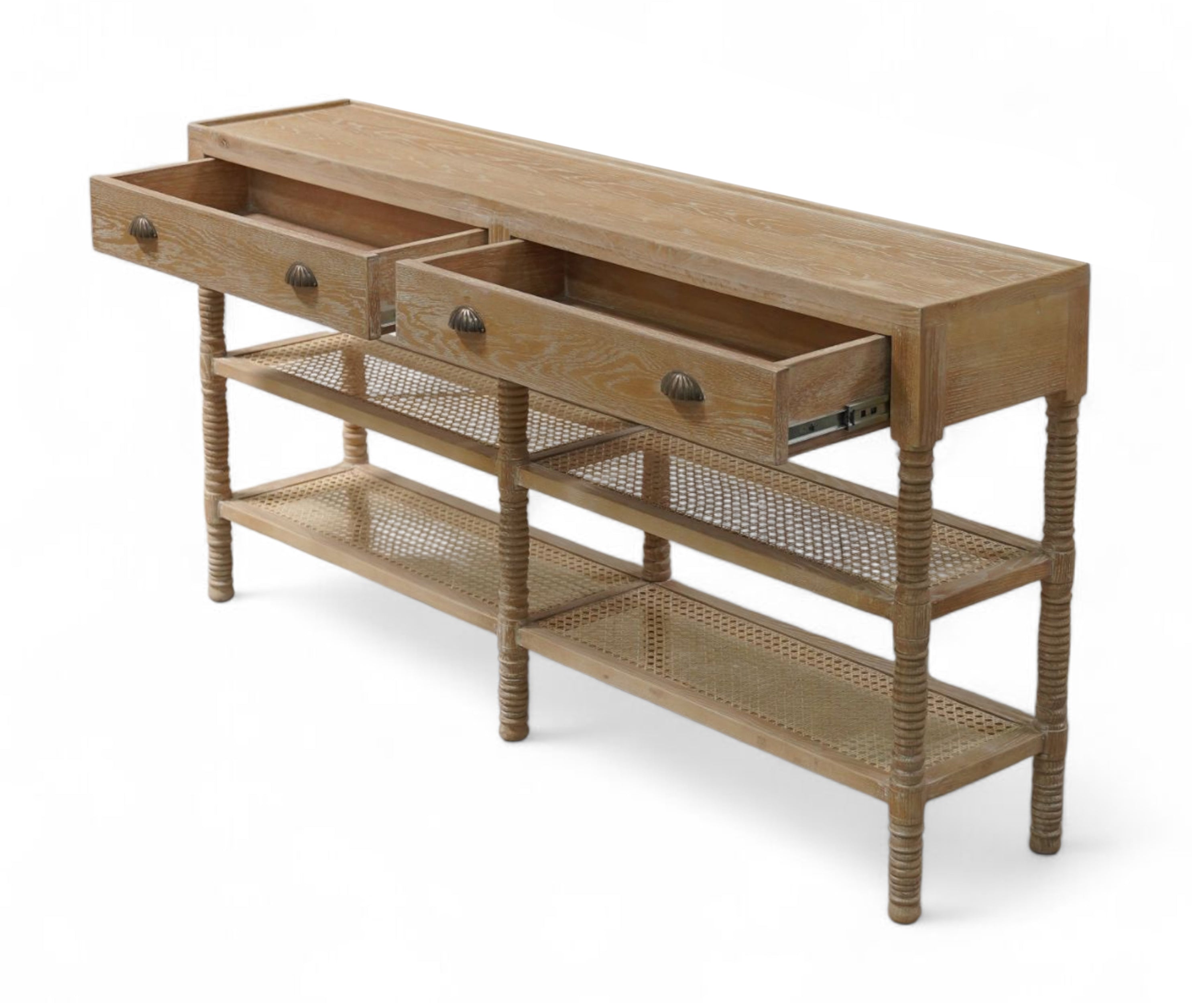 Vintage Style Console Table with Cane Shelves and Drawer Storage