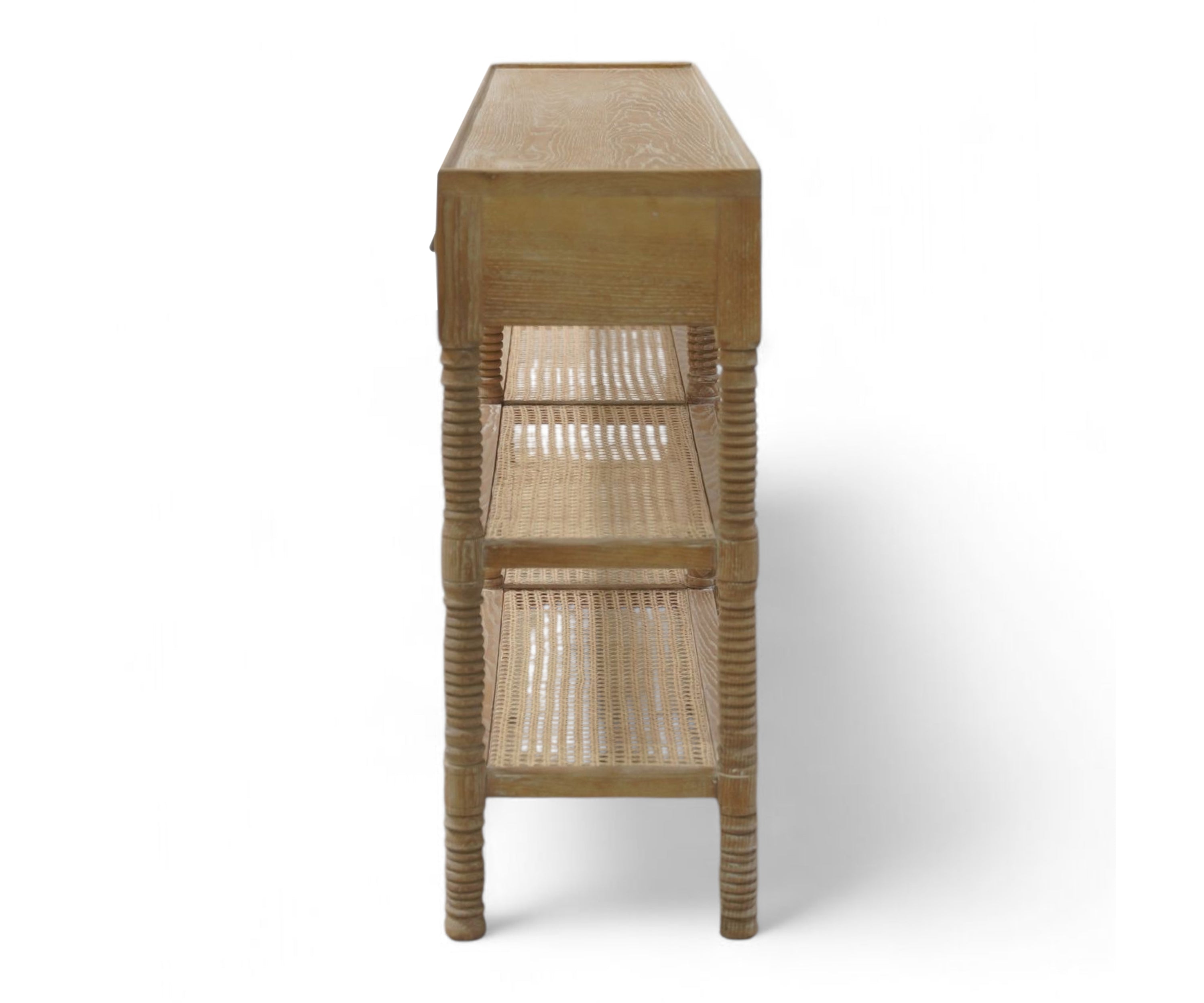 Vintage Style Console Table with Cane Shelves and Drawer Storage