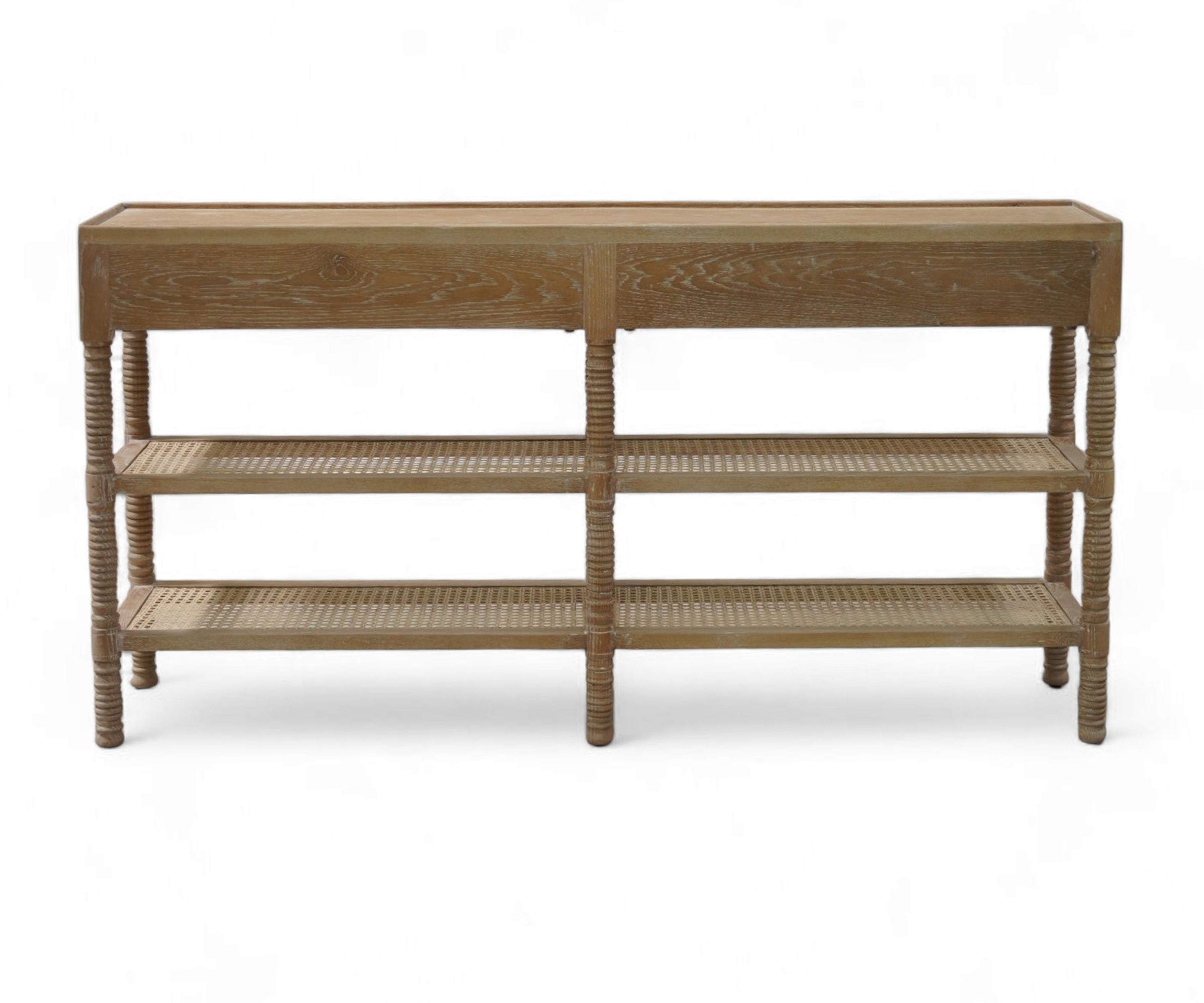 Vintage Style Console Table with Cane Shelves and Drawer Storage