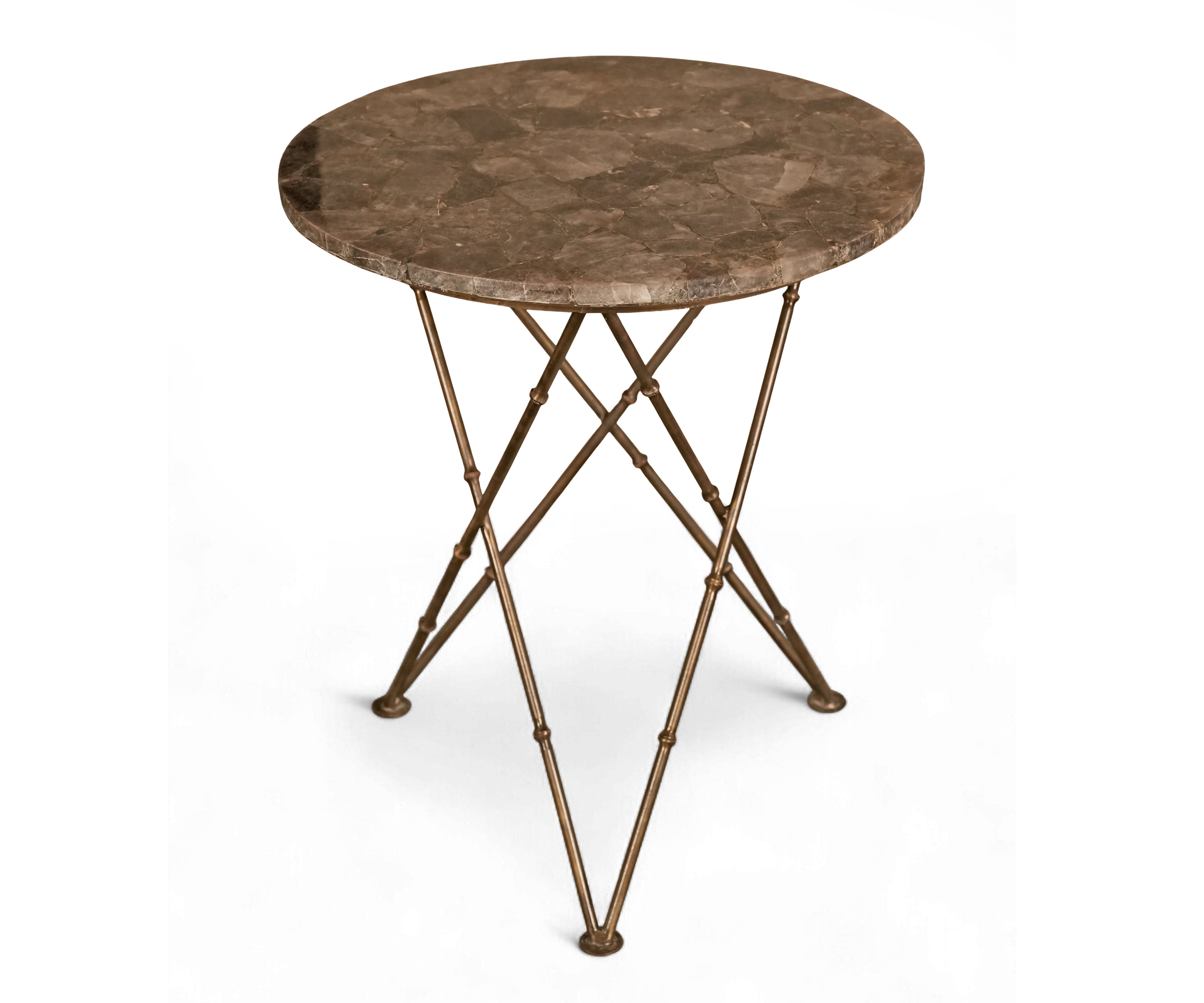 Round Brown Agate Side Table with Metal Cross Base