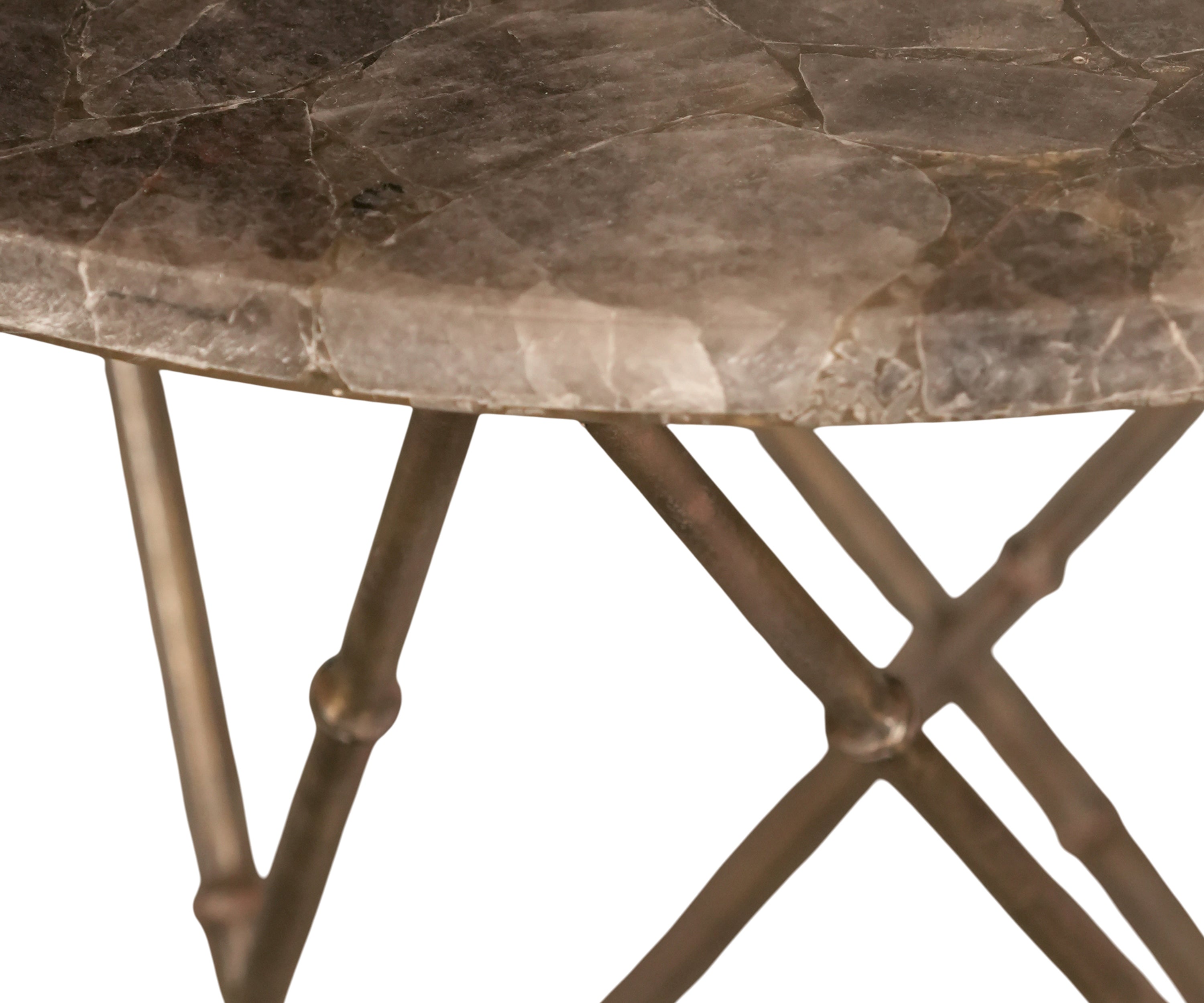 Round Brown Agate Side Table with Metal Cross Base