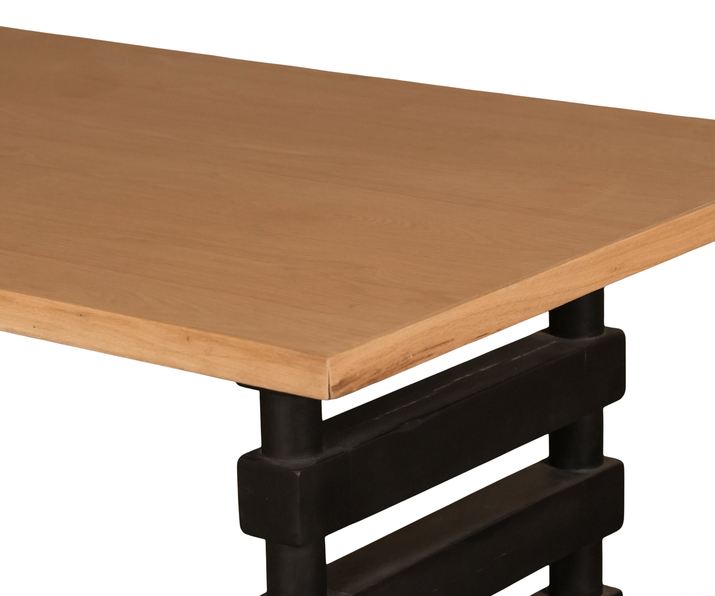 Natural Wood Dining Table with Black Sculptural Pedestal Base