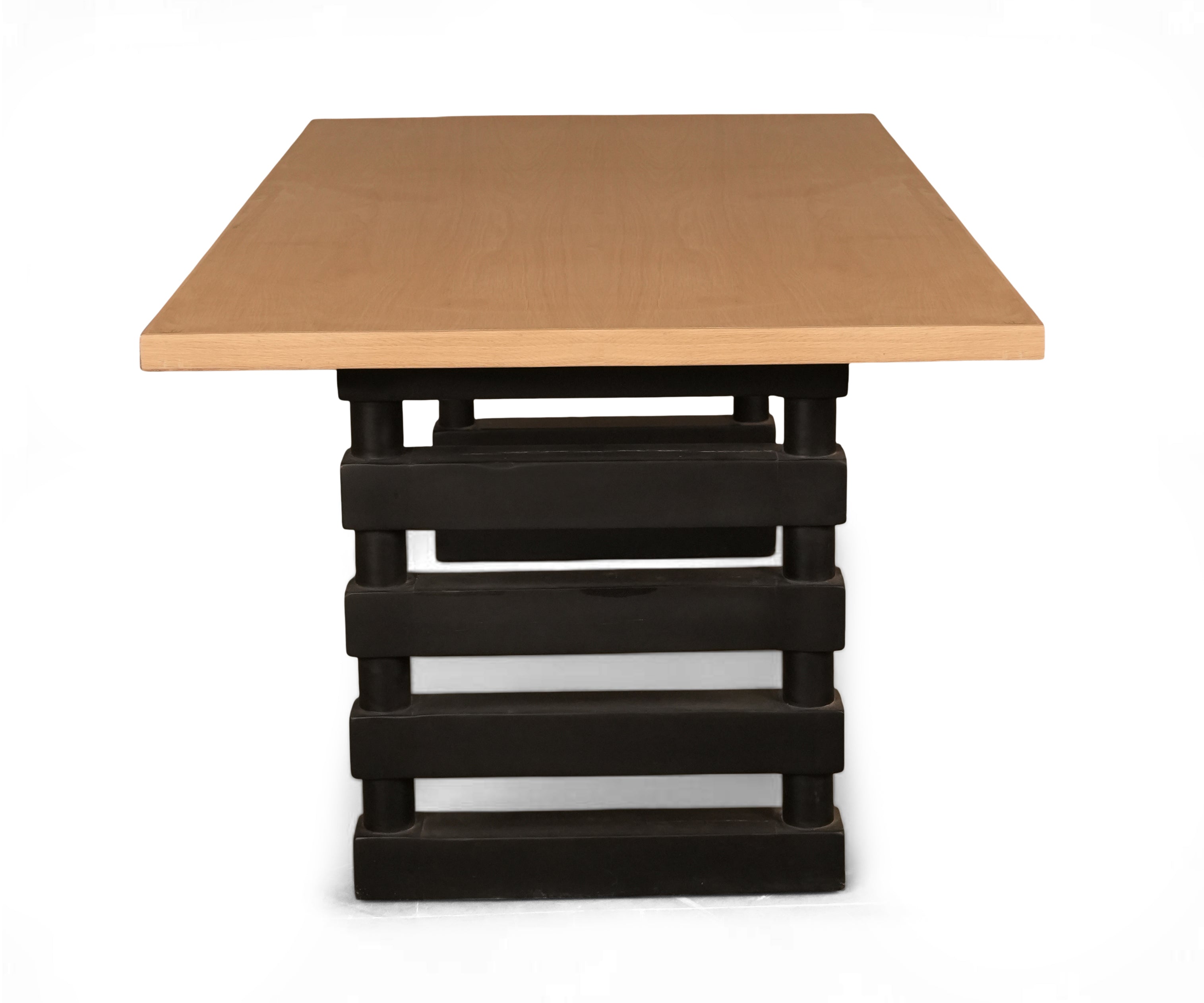 Natural Wood Dining Table with Black Sculptural Pedestal Base