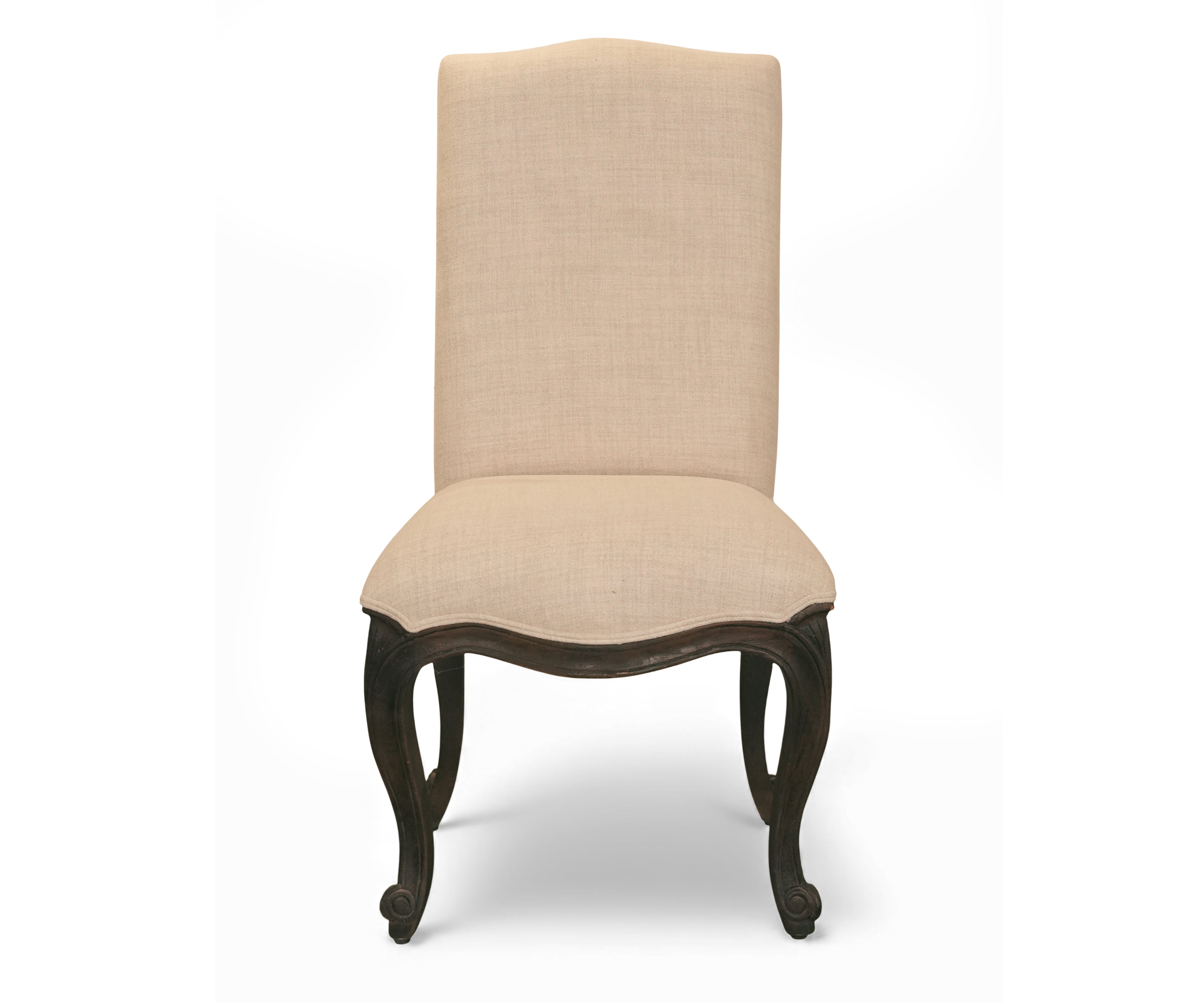 Beige French Cabriole High-Back Dining Chair with Dark Wood Frame