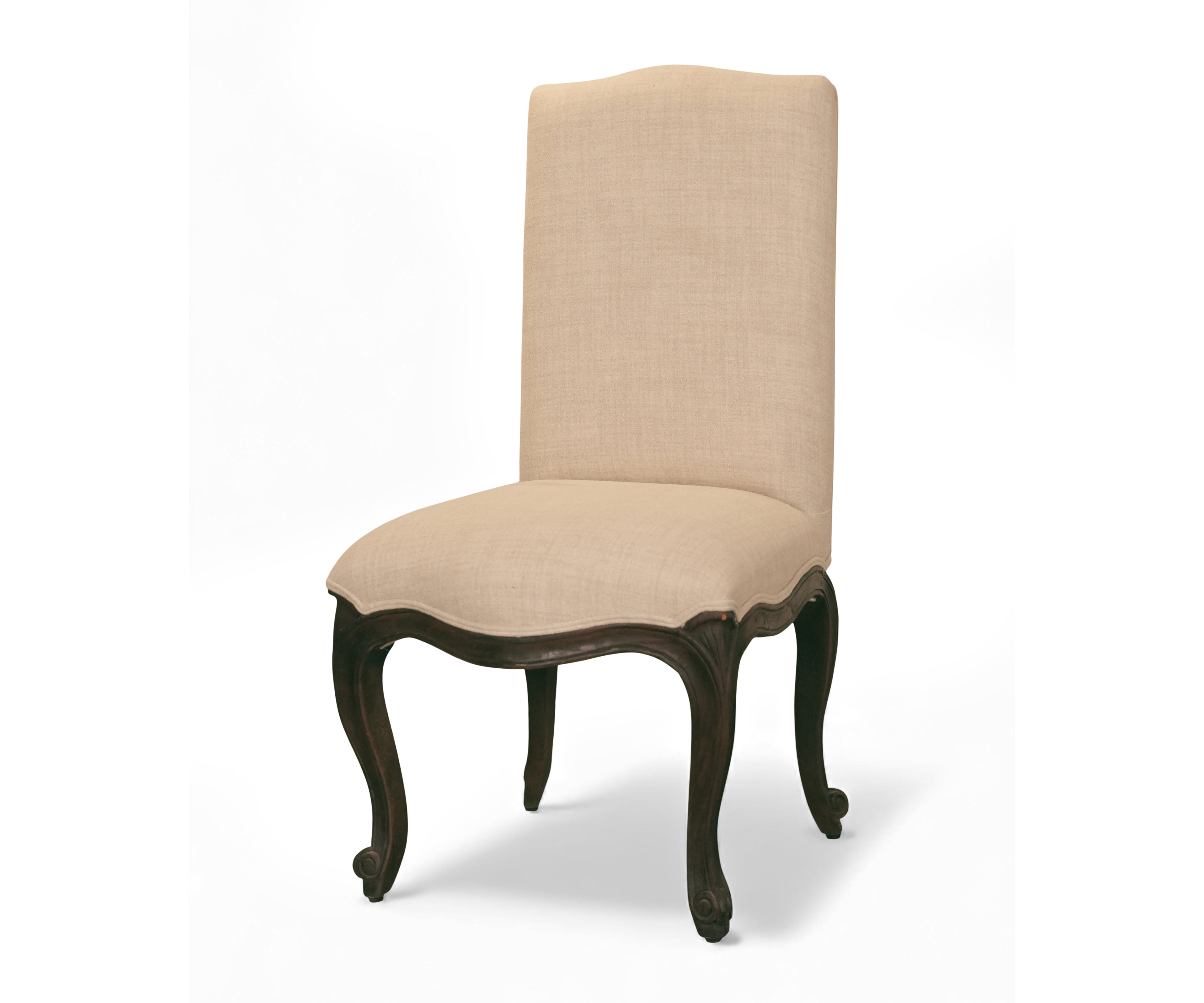 Beige French Cabriole High-Back Dining Chair with Dark Wood Frame