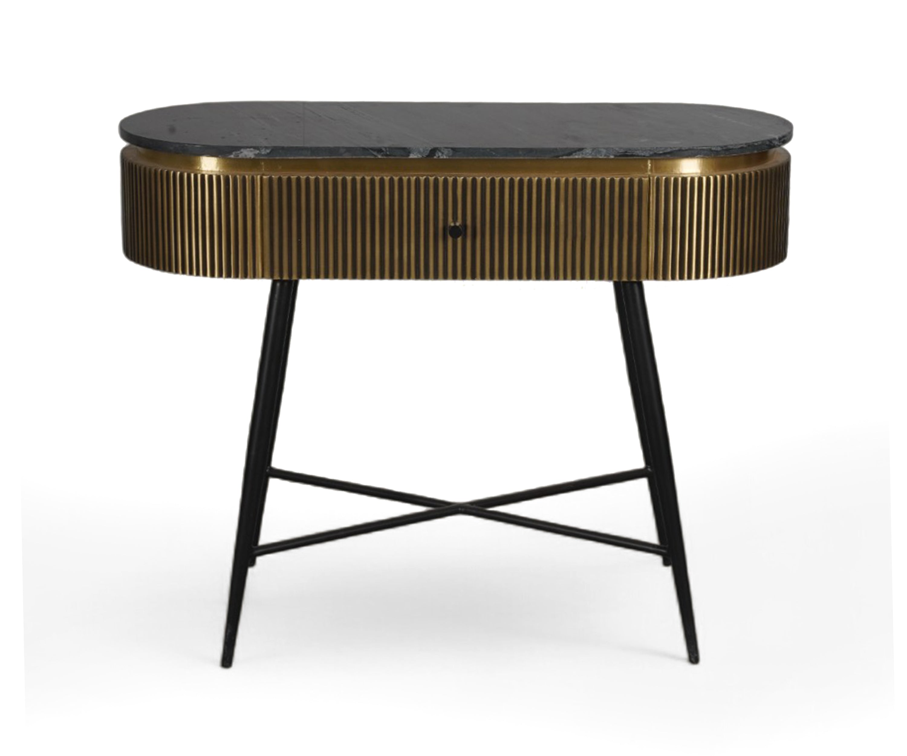 Brown Acacia Wood Console Table with Marble Top and Brass Details