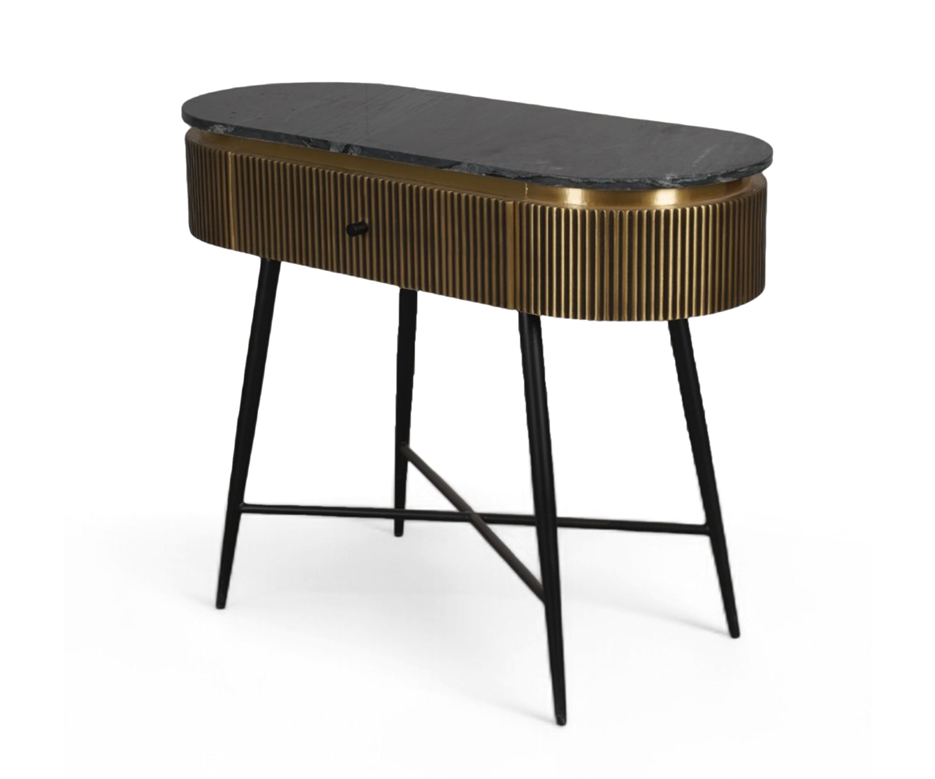 Brown Acacia Wood Console Table with Marble Top and Brass Details