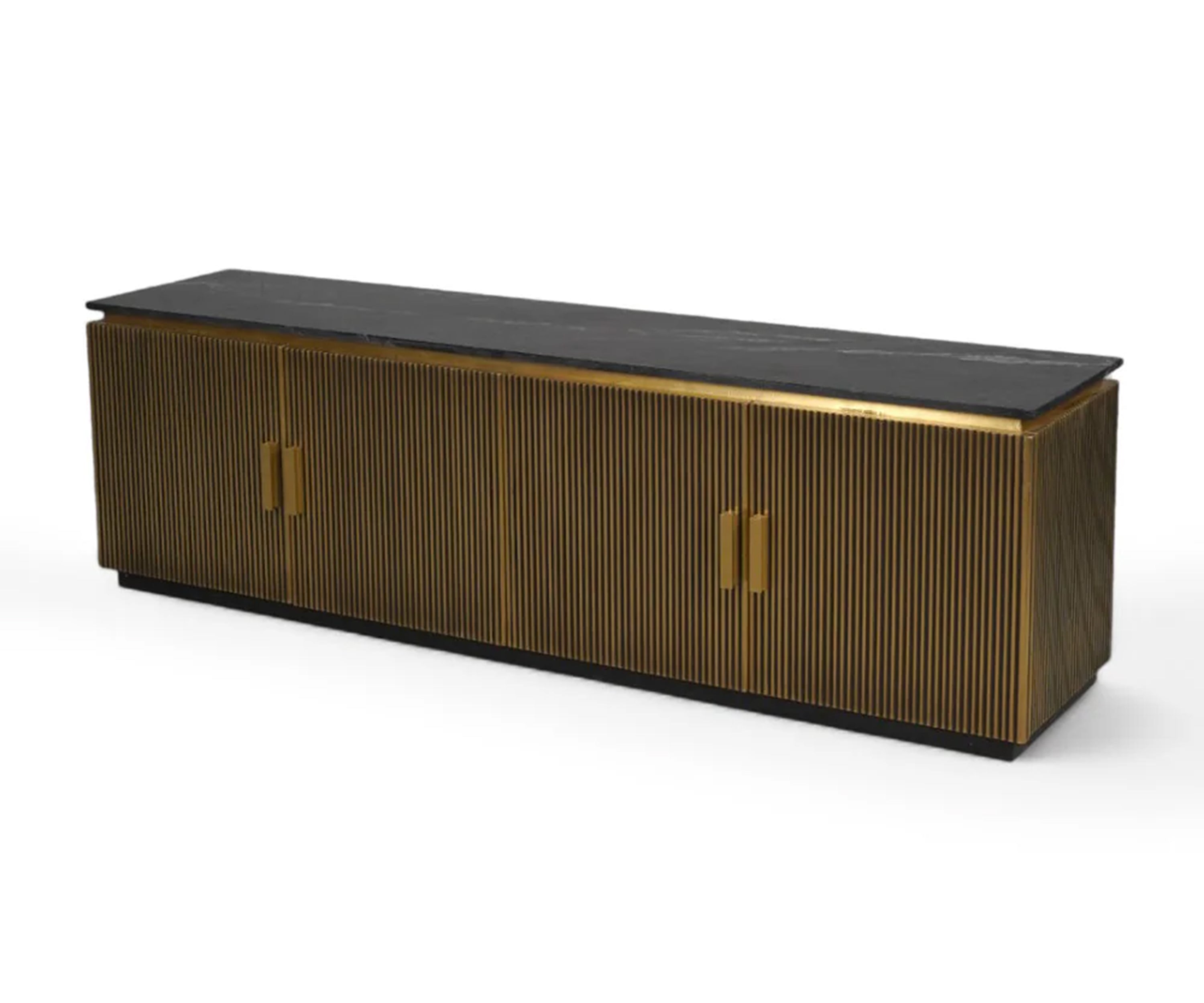 Luxury Brass Fluted TV Unit with Marble Top Storage