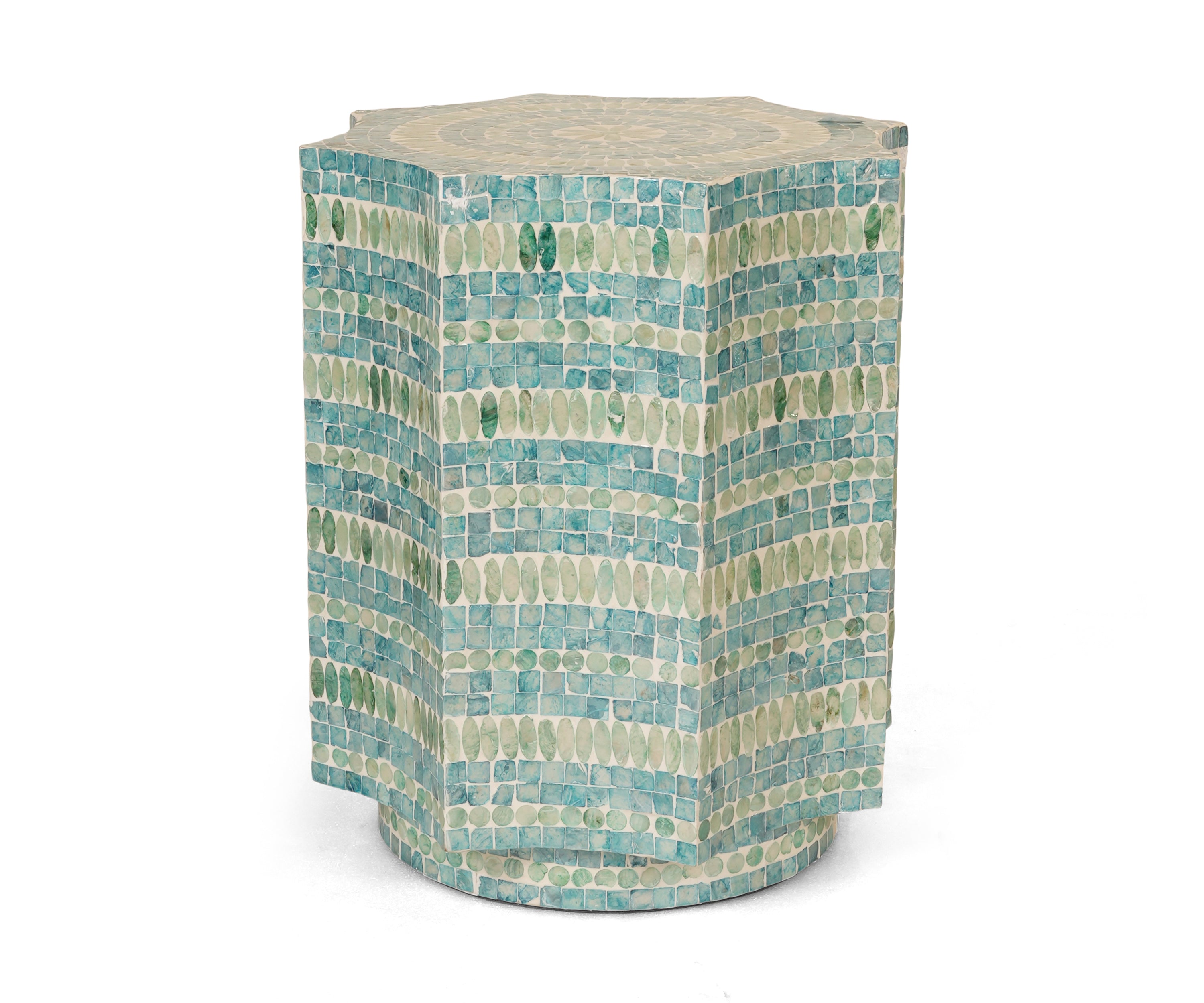Aqua Mother of Pearl Inlay Side Table with Mosaic Design