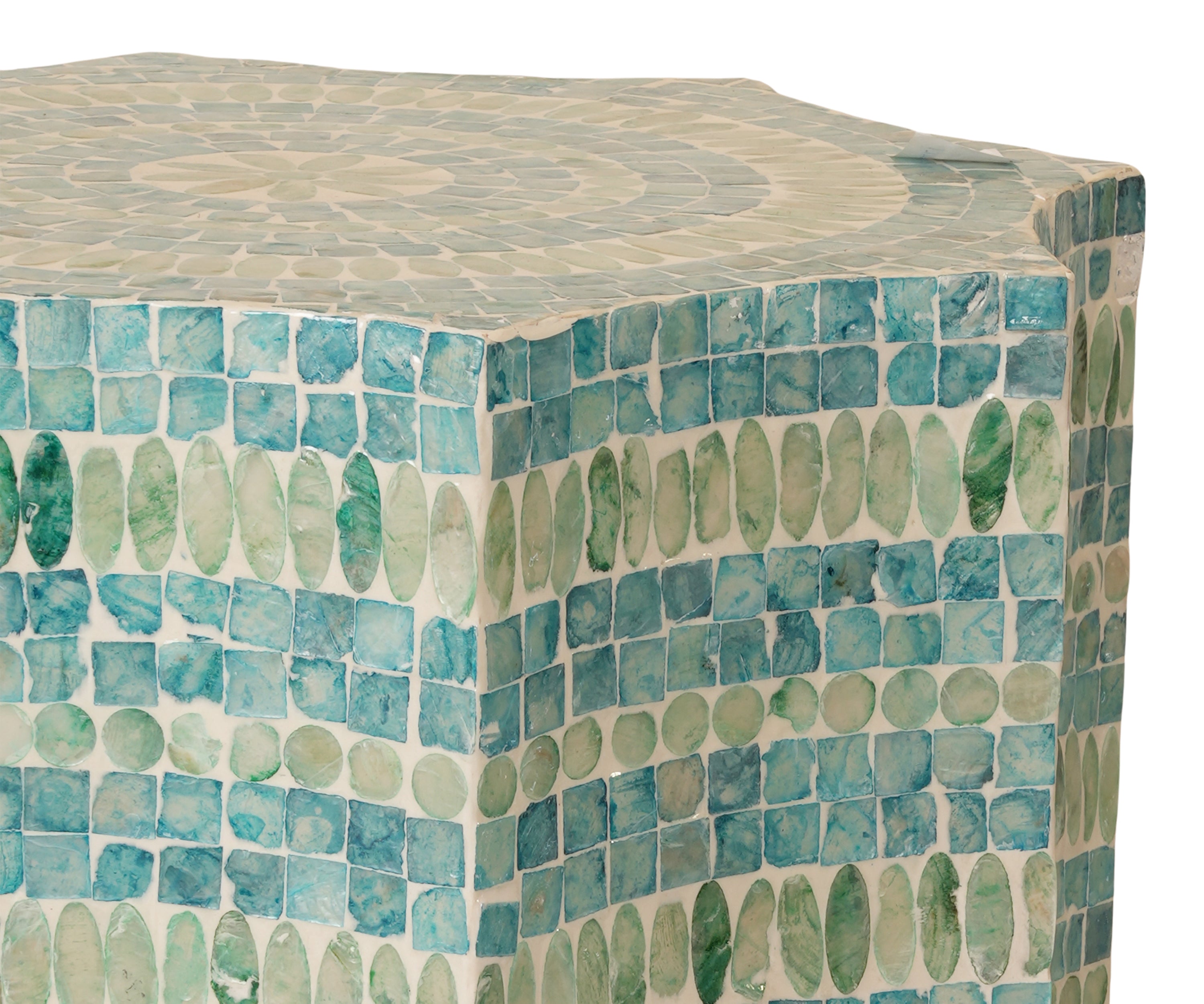 Aqua Mother of Pearl Inlay Side Table with Mosaic Design